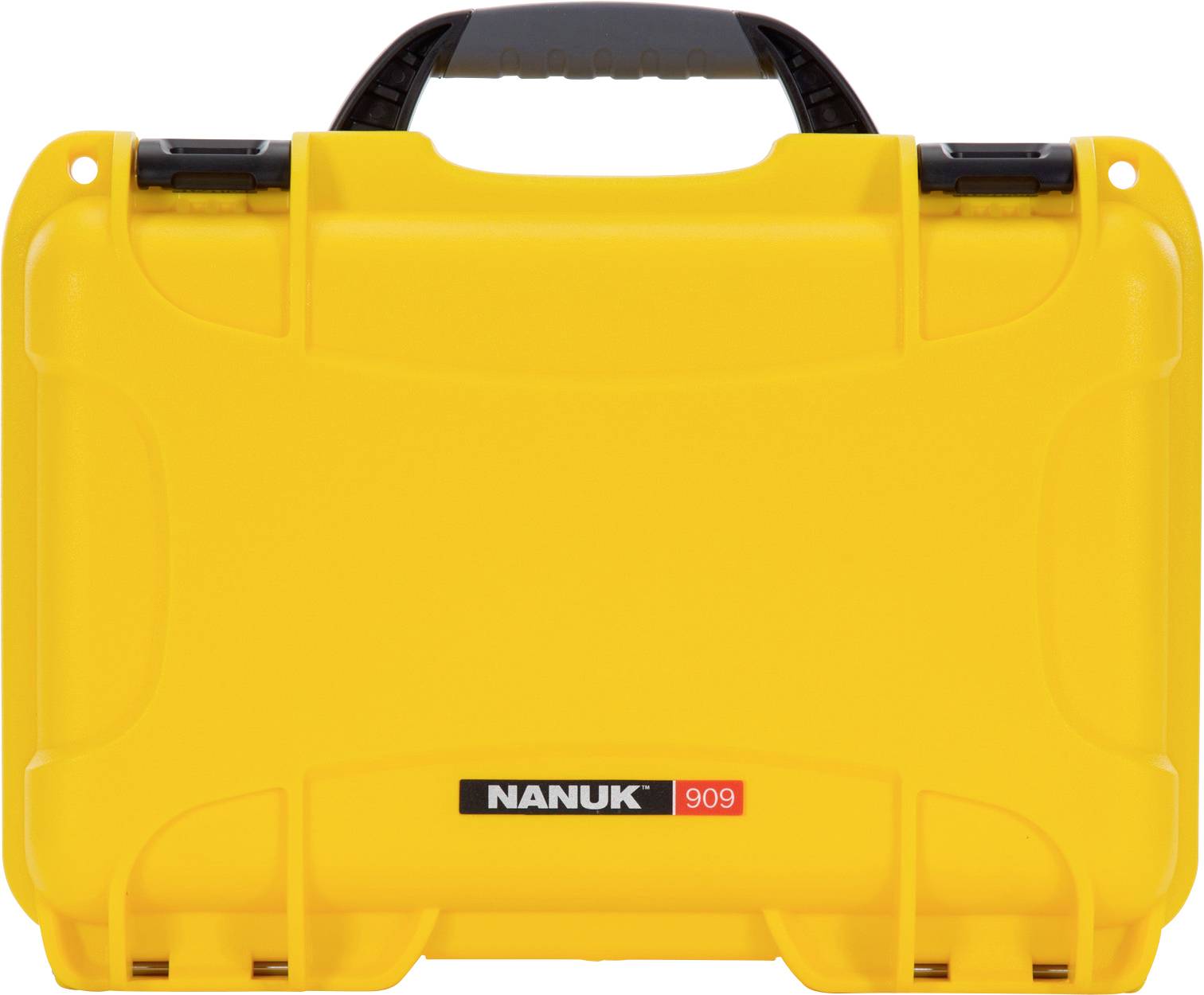 A bright yellow hard-shell suitcase with 'Nanuk 909' printed in the centre. The suitcase has a black handle.