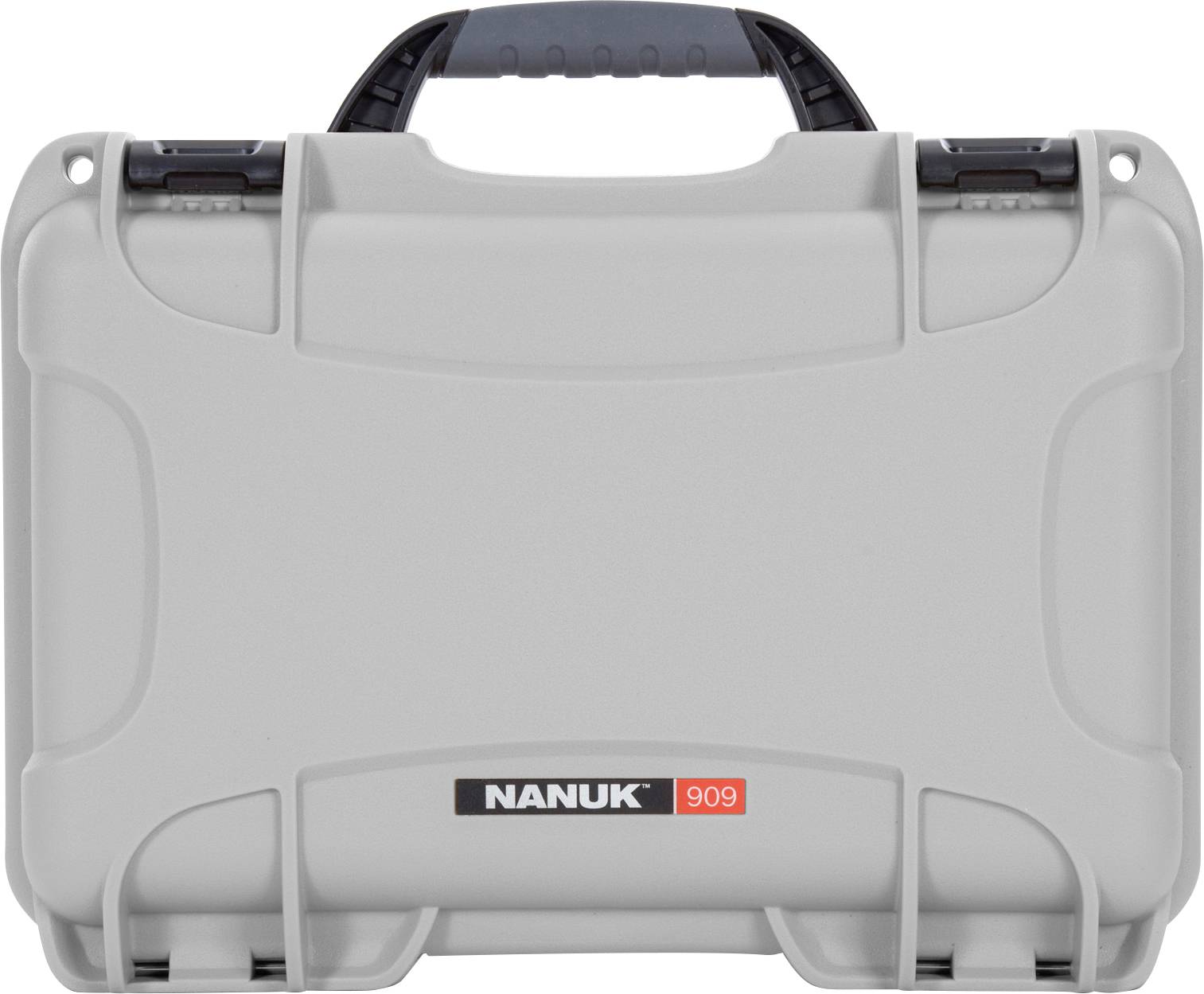 Grey, robust protective case with 'Nanuk 909' logo on the front and sturdy, black handle, suitable for secure transportation.