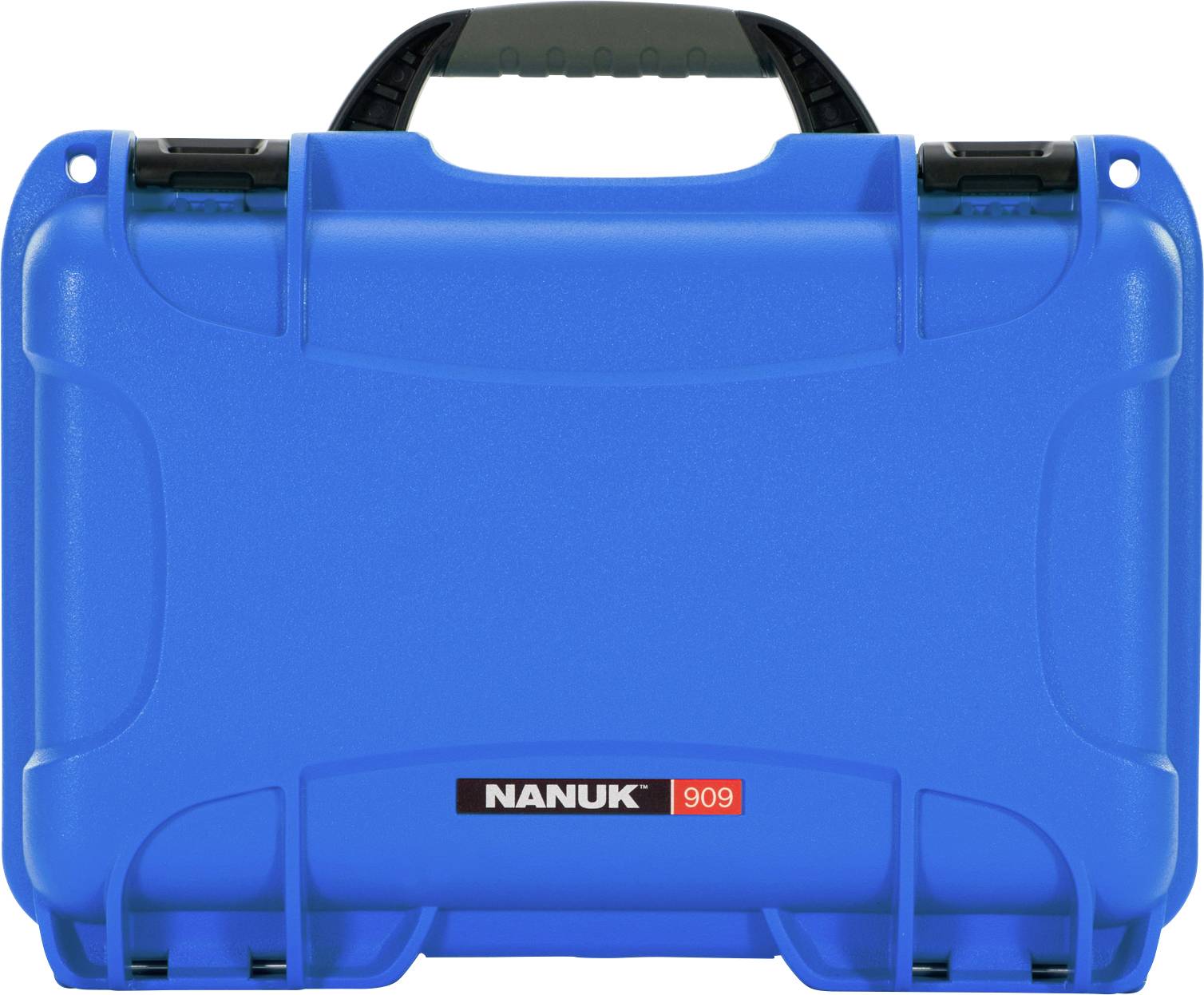 A blue hard-shell NANUK suitcase, model 909, with robust locks and an ergonomic handle.