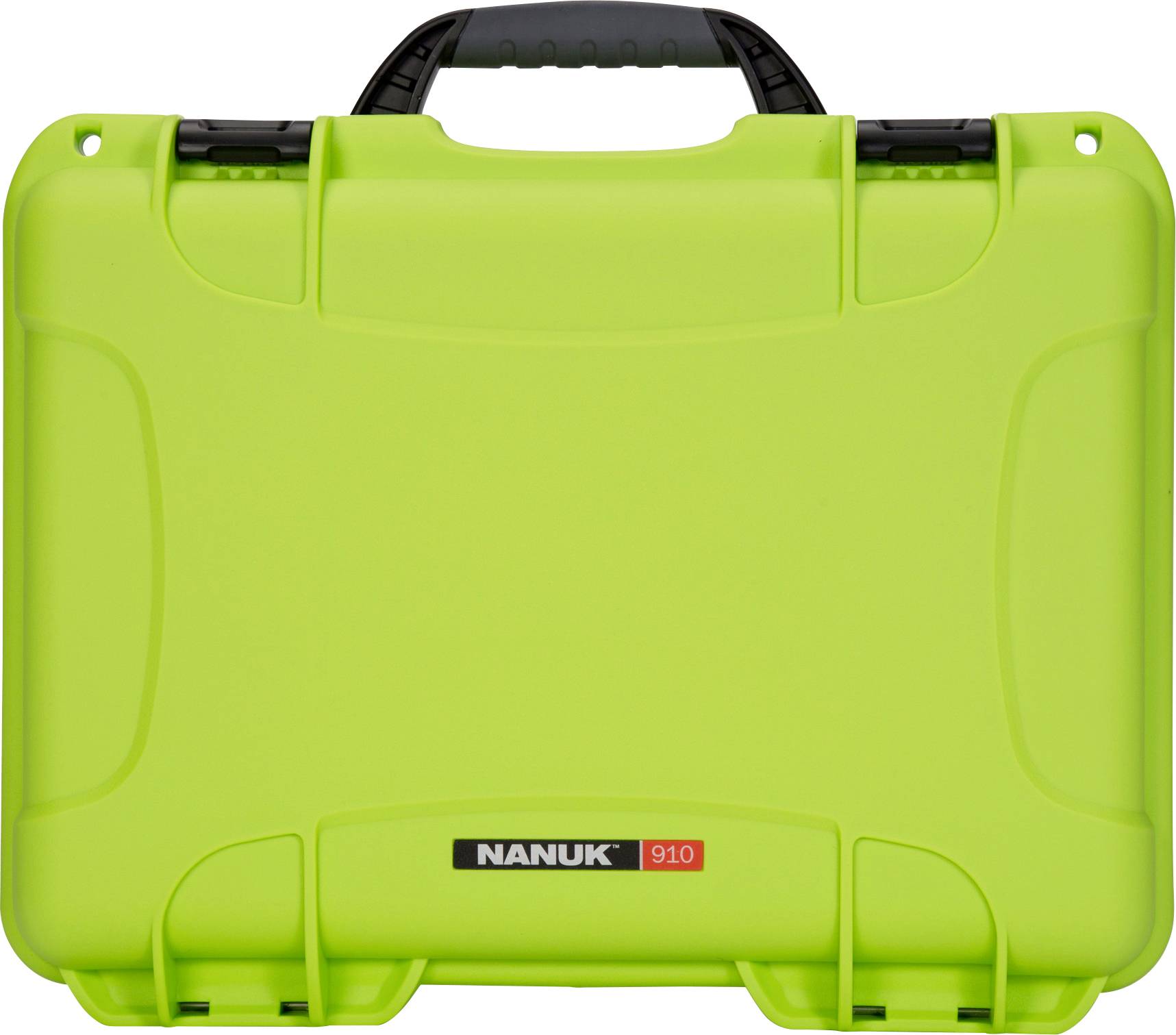 Green, robust suitcase with carrying handle, brand 'Nanuk 910', suitable for the secure transport of delicate items.
