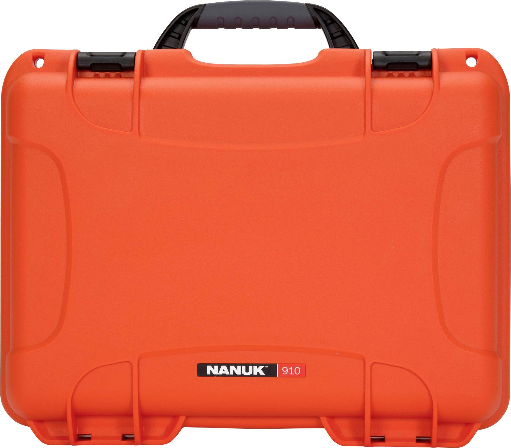A bright orange protective case with the print 'NANUK 910', suitable for safely transporting delicate items.