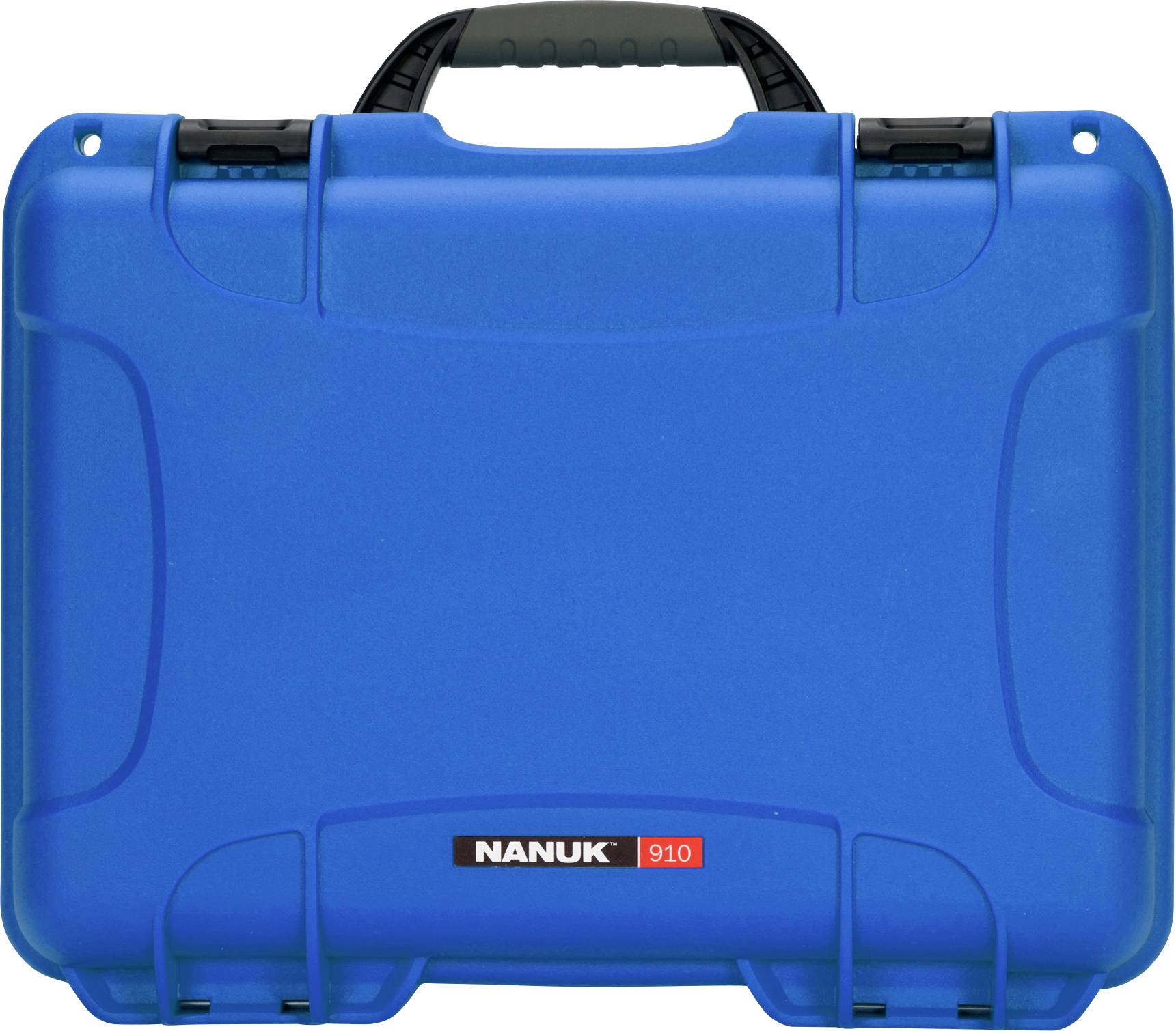 Blue protective case by Nanuk with robust design. On the front is a black label with the inscription 'NANUK 910'.