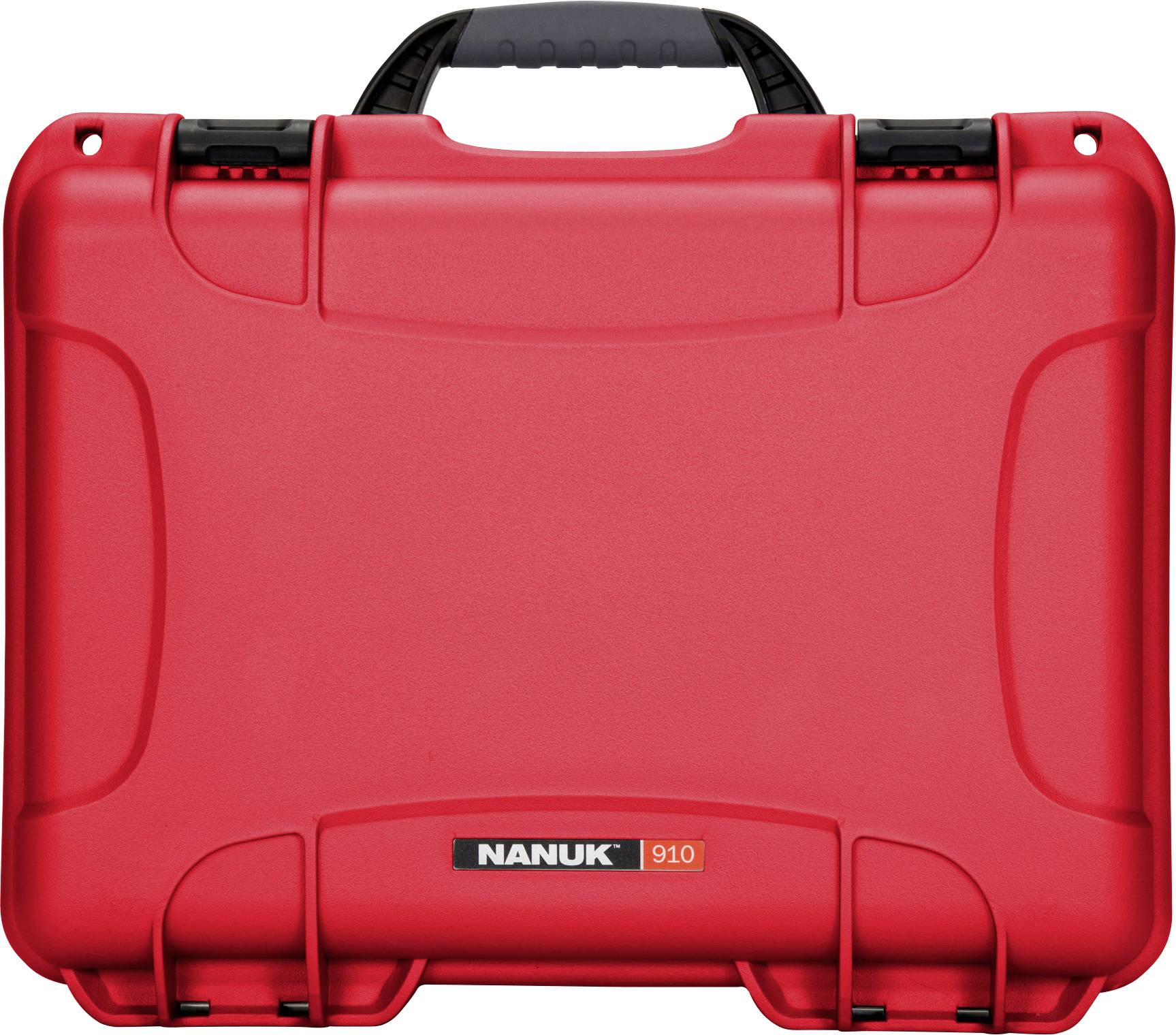 Red Nanuk case, sturdy with a black handle, standing upright.