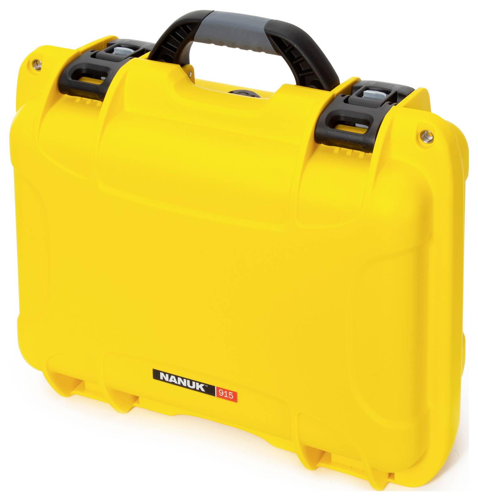 Yellow, robust plastic case with a black handle and latches, used for the secure transportation of items.