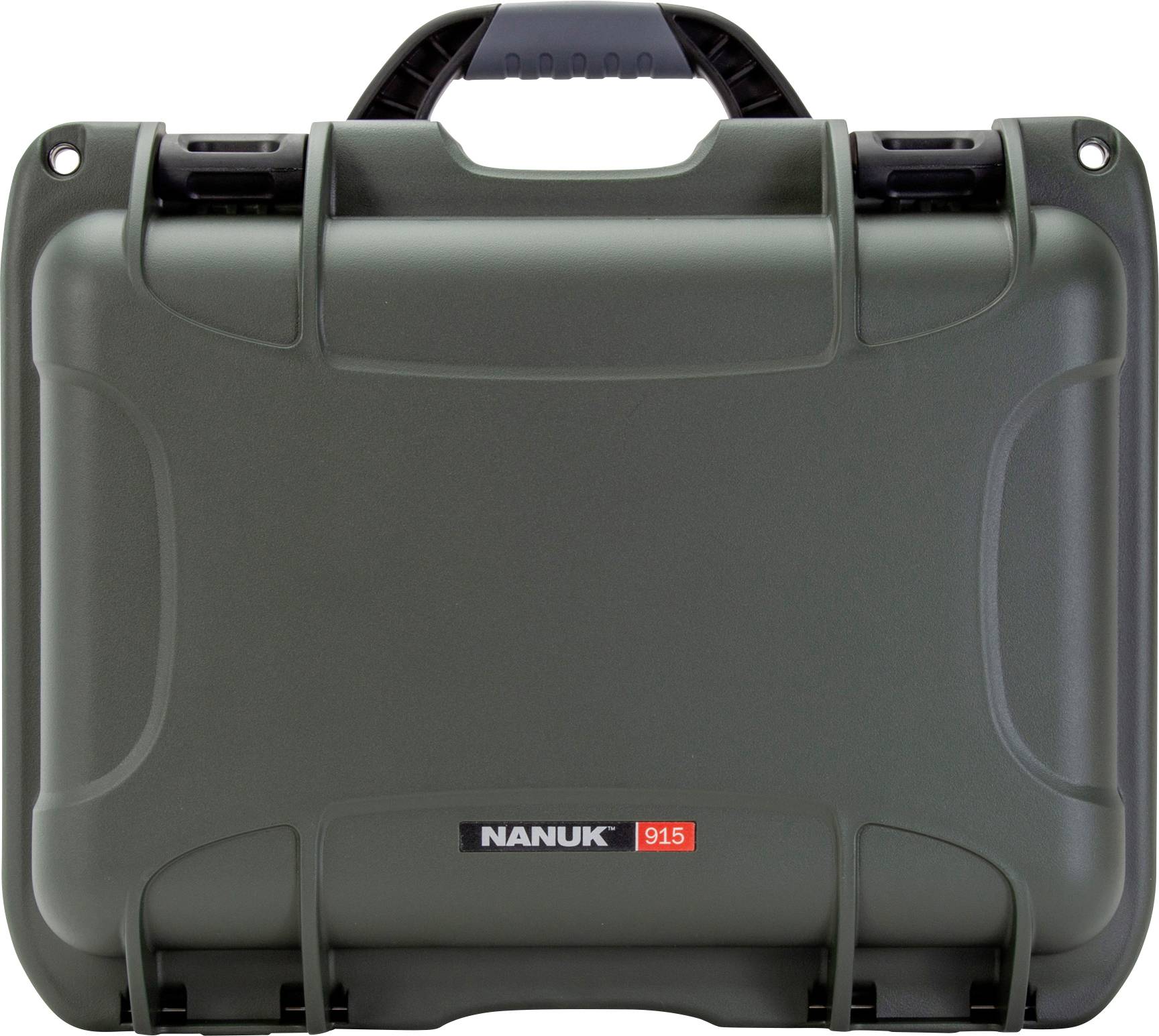 Olive green hard-shell suitcase by 'Nanuk', model 915, featuring a robust handle and lock, suitable for secure transportation.
