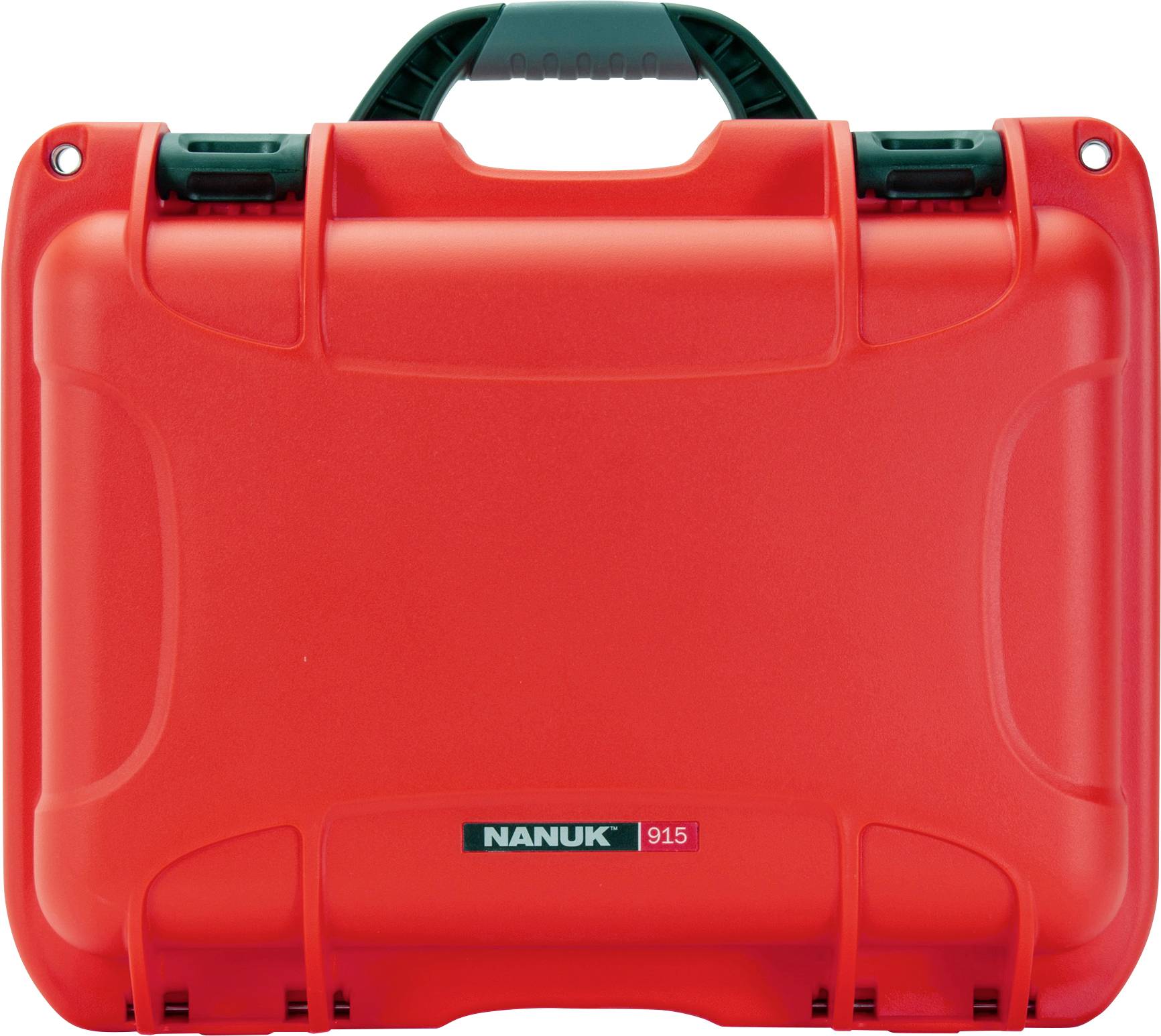 Red, robust Nanuk case with a green handle, suitable for secure transportation and protection of delicate items.
