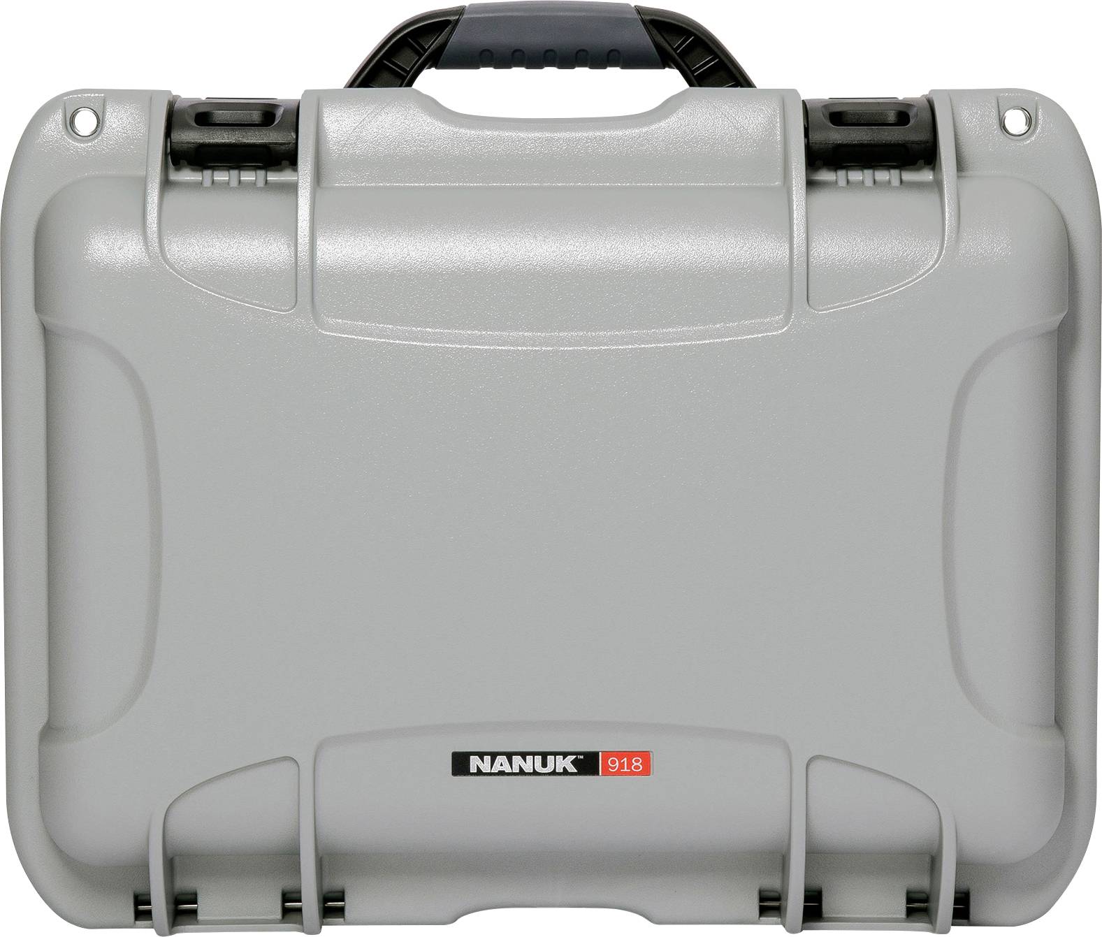 Grey, robust protective plastic case with black handle and securing straps, brand name 'Nanuk 918' visible at the front.