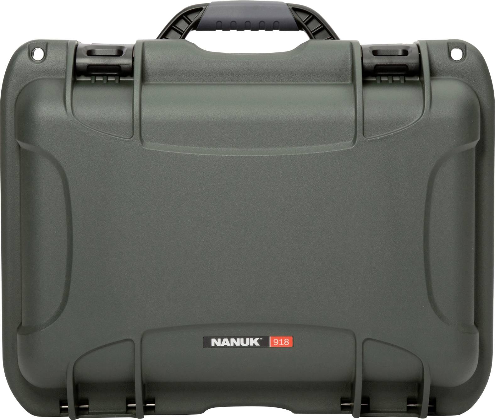 A robust black transport case with carry handle and snap locks. The case is marked with 'Nanuk 918'.
