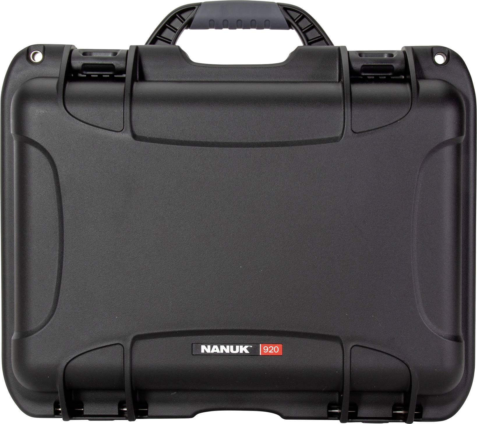 Black, robust protective case with carrying handle and locks. Brand: Nanuk, Model: 920.