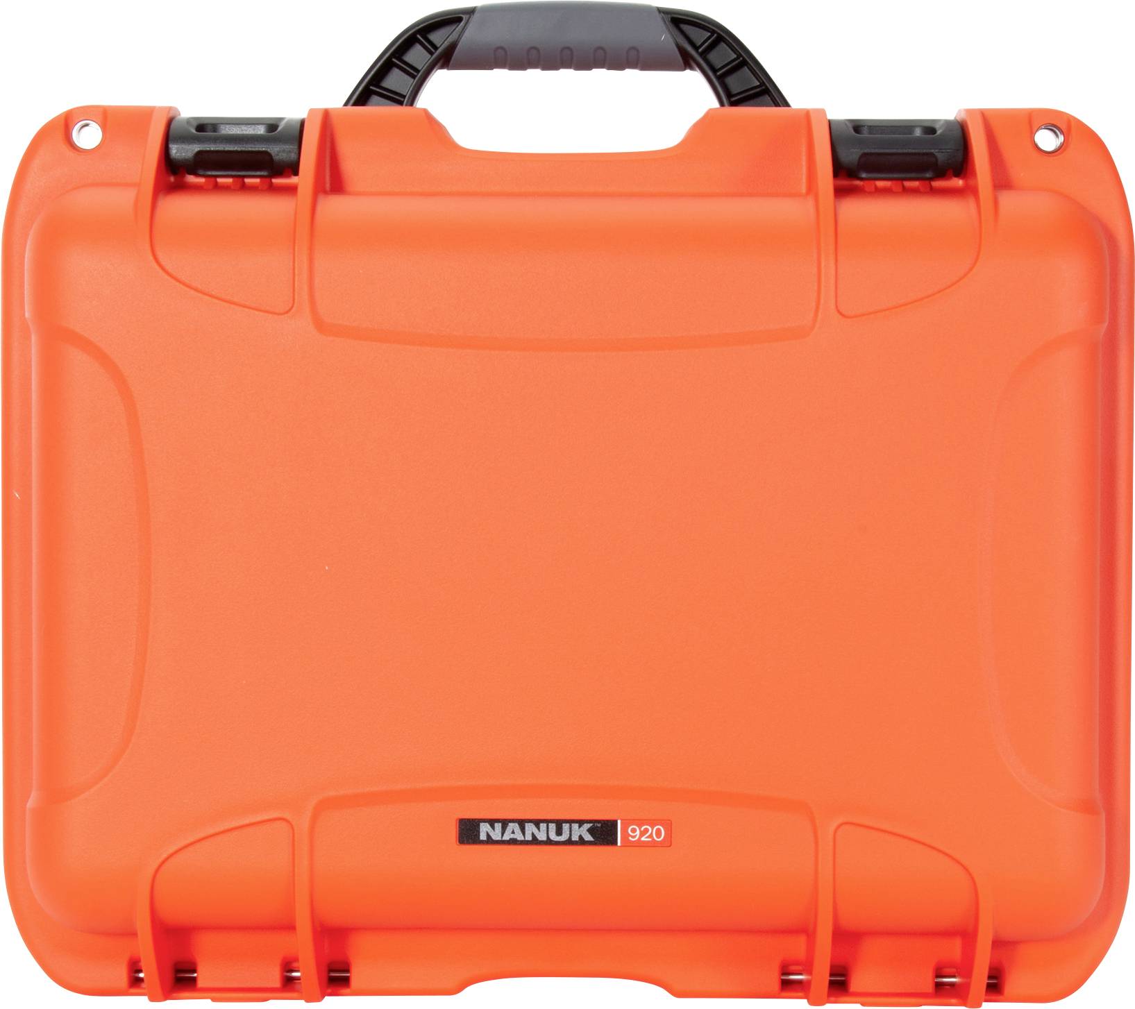 Orange suitcase with black handle, robust and waterproof, brand 'Nanuk', model number '920'. Suitable for secure transportation.