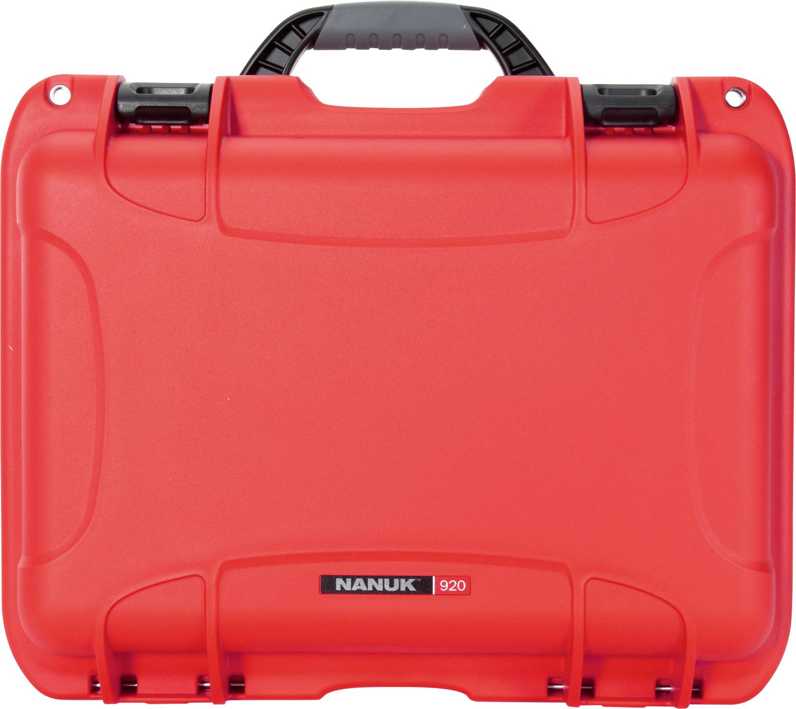 A red hard-shell suitcase with a black handle, which looks sturdy and robust. 'NANUK 920' marking on the front.