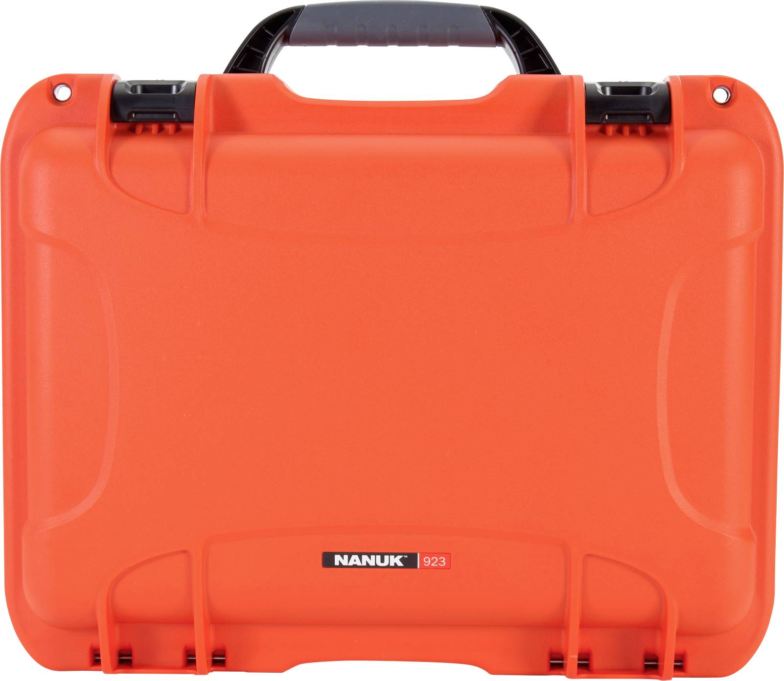 A bright orange hard-shell suitcase with a black handle, with the brand name 'NANUK' visible at the front.