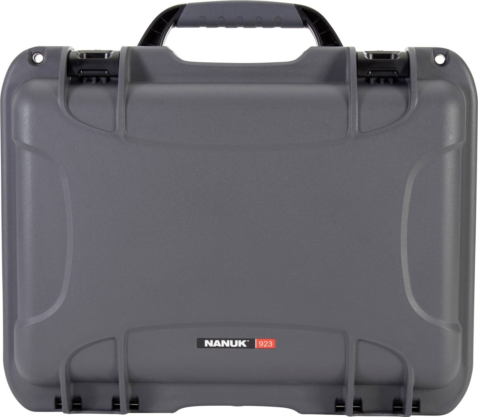 A grey Nanuk 923 hard-shell case with a robust handle, suitable for secure transportation of delicate equipment.