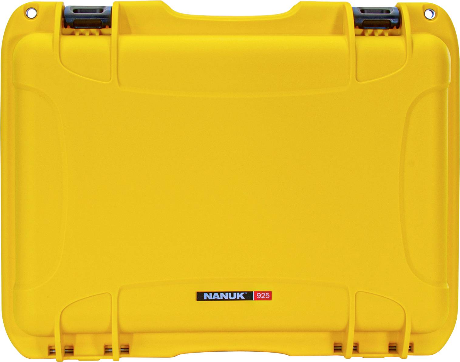 A yellow, robust protective case; brand 'Nanuk 925'. Suitable for the safe transportation of delicate equipment.