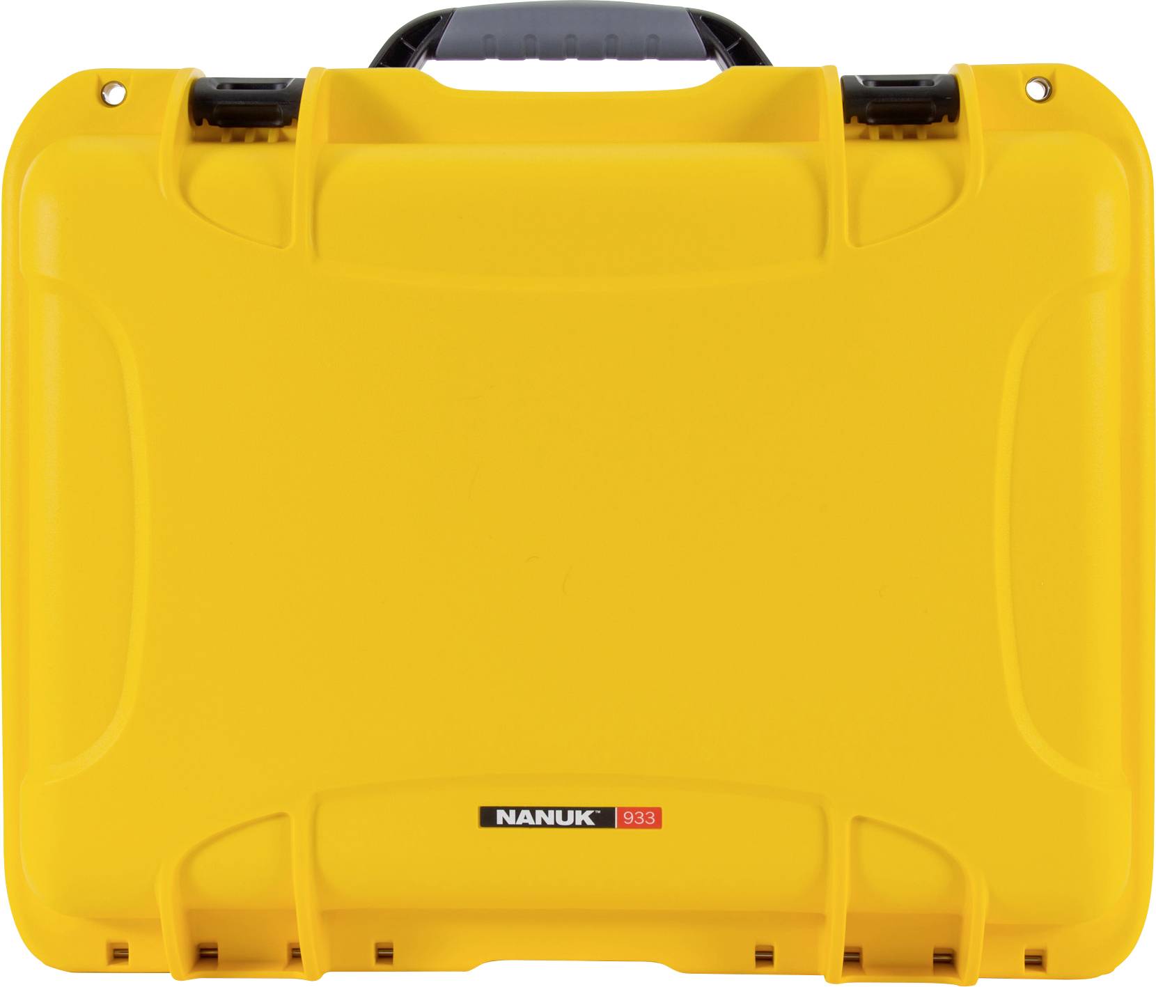 Yellow, robust tool case with black handle and the print 'Nanuk 933'.