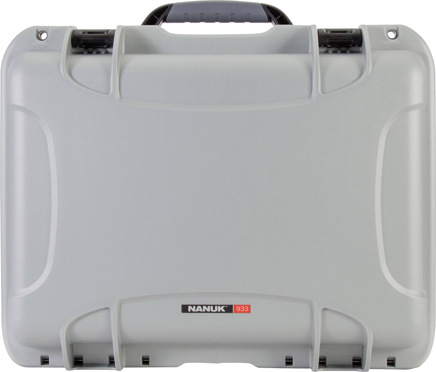 Grey, robust protective case with a black handle, 'Nanuk 933' lettering on the front. Suitable for transporting delicate equipment.