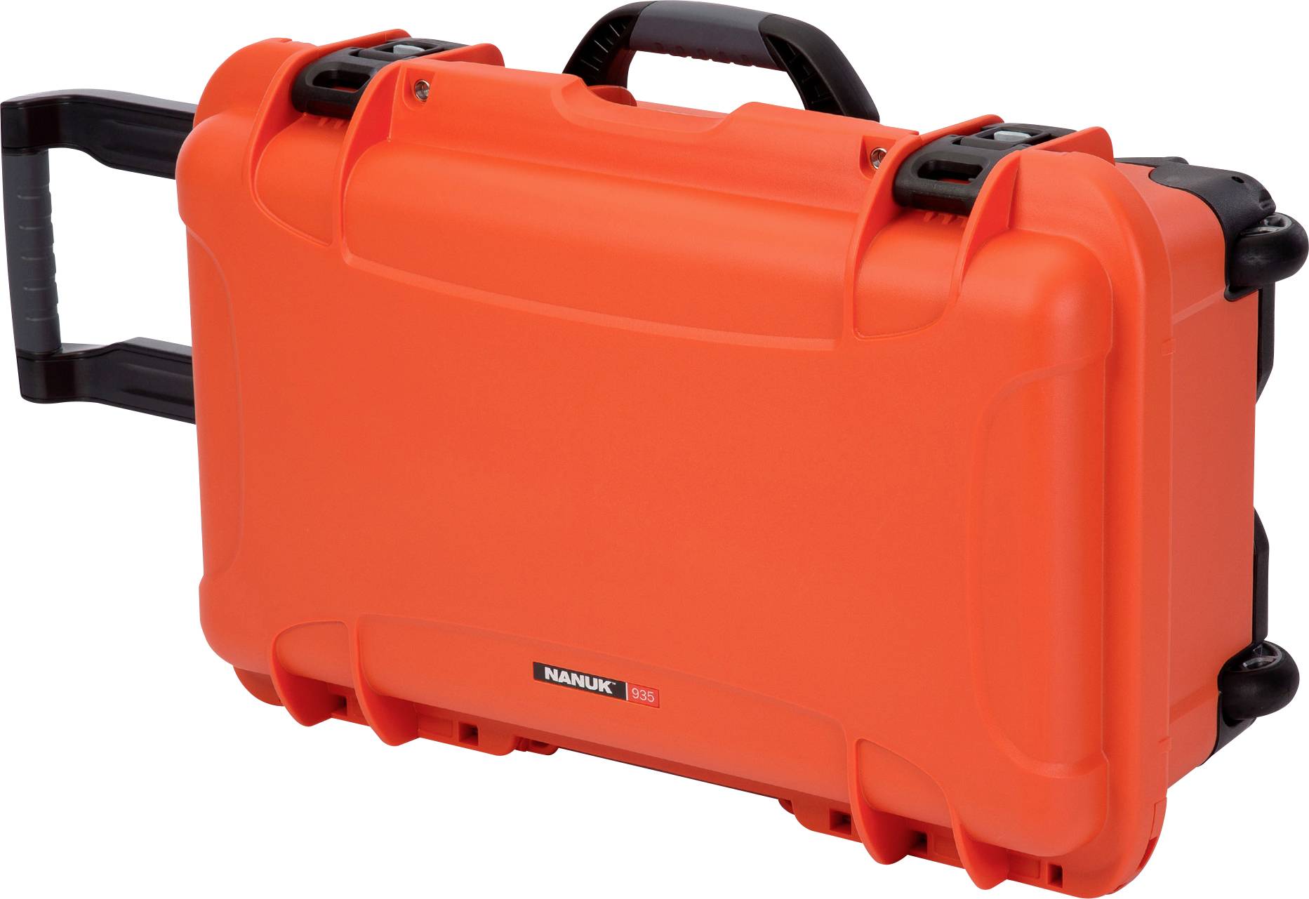 A robust, orange suitcase with handle and wheels. Suitable for the secure transportation of equipment or delicate items.
