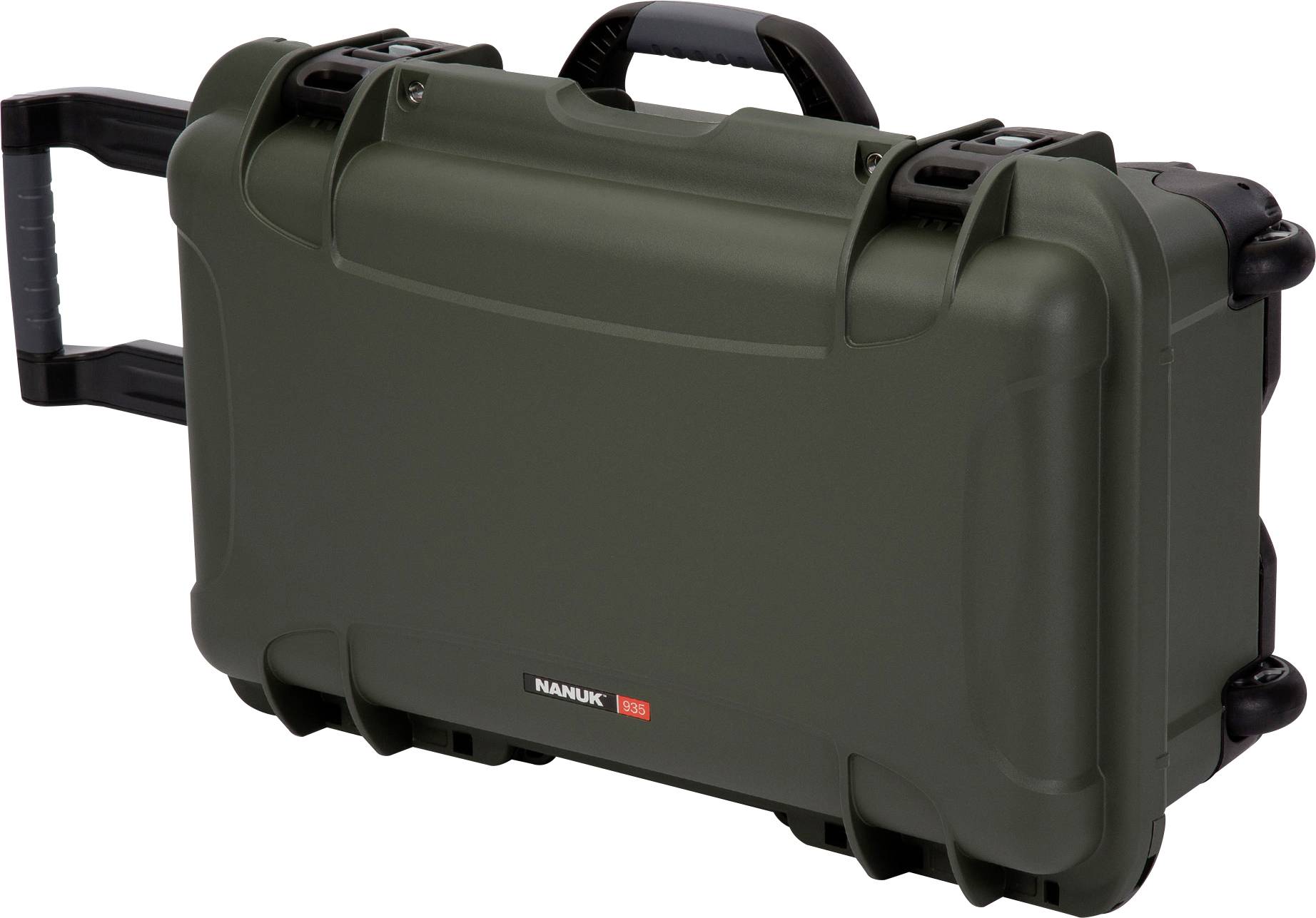 A sturdy, olive green, wheeled suitcase with handle and clasps, suitable for the secure transportation of delicate items.