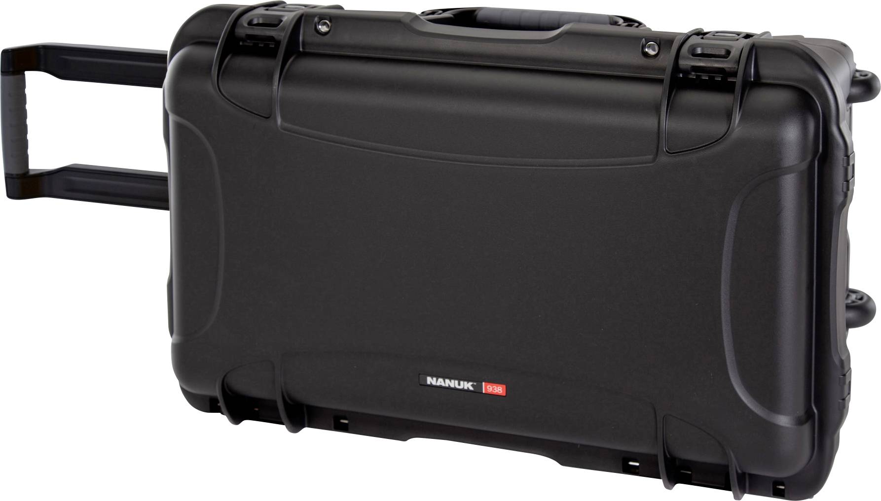 Black, robust hard-shell suitcase with extendable handle and wheels, suitable for the secure transportation of delicate equipment.
