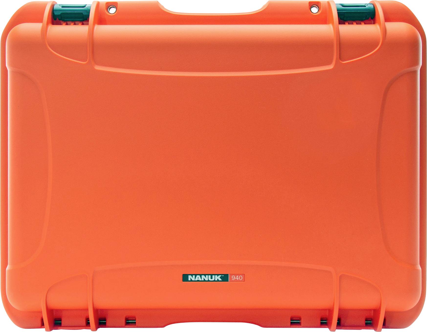 A robust, orange protective case by 'Nanuk', model 940, with two green locks.