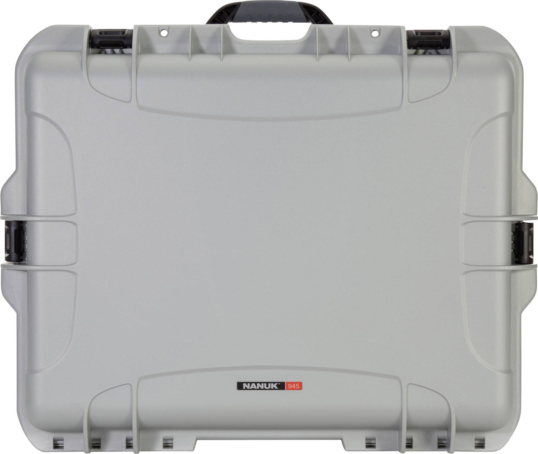 Silver, robust Nanuk case with black handle and fastenings; ideal for secure transportation of delicate equipment.