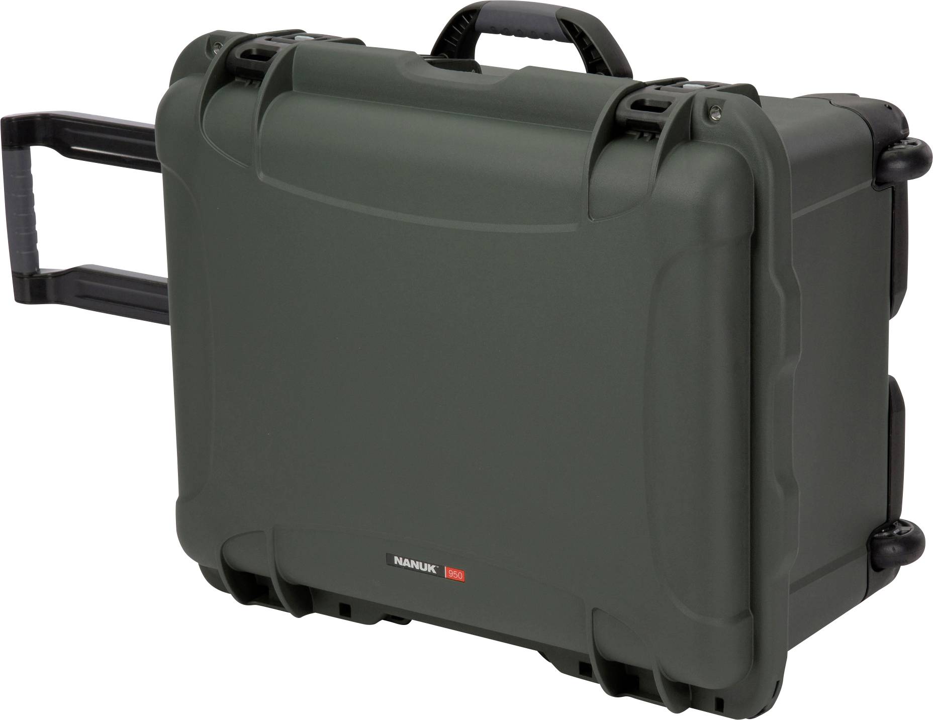 Robust, green suitcase with telescopic handle and wheels, suitable for transporting and protecting delicate equipment.