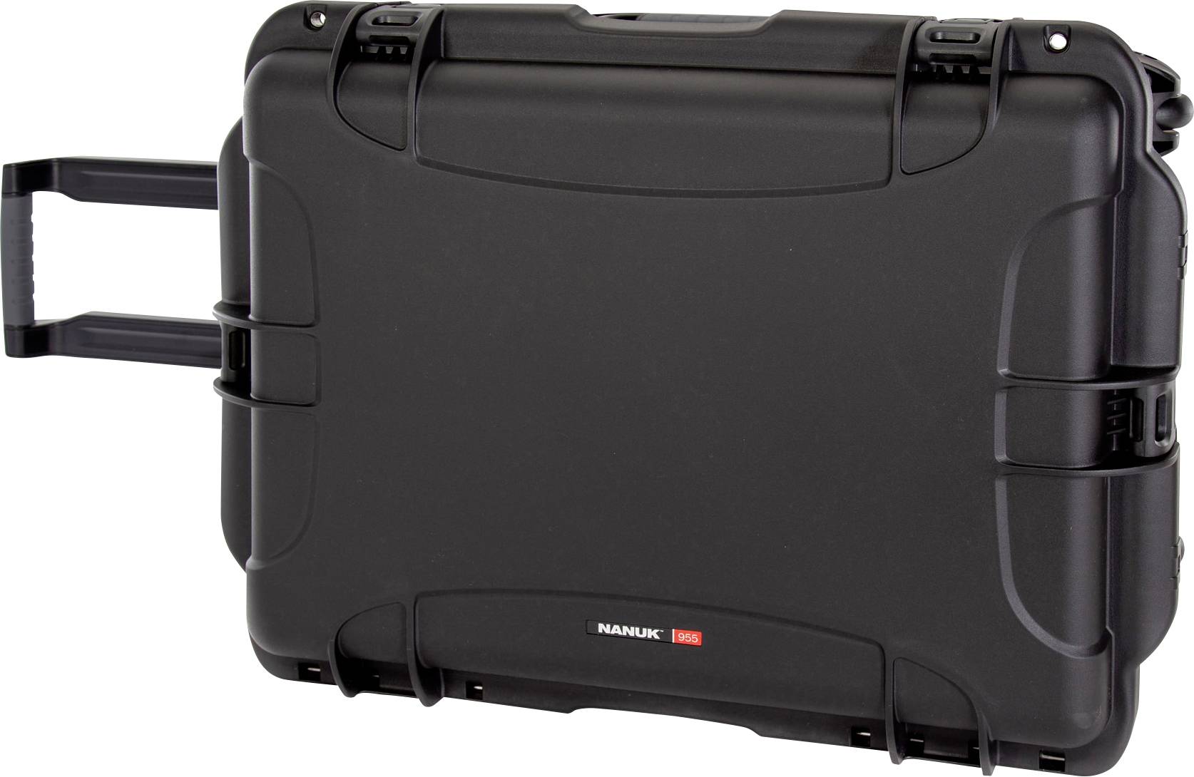 Black hard-shell suitcase with extendable handle, suitable for transporting and protecting delicate items.