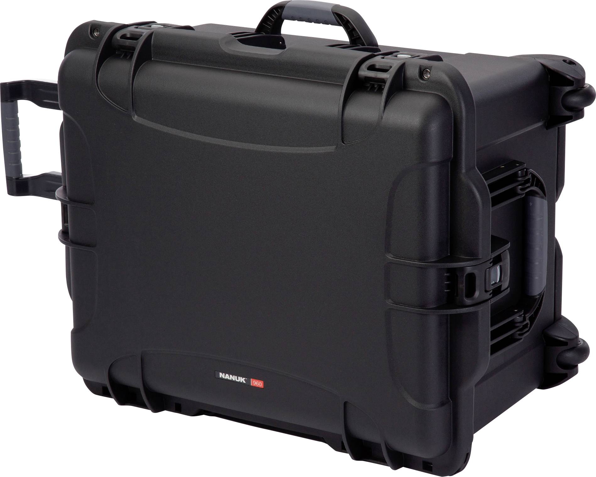 A large, black protective case with robust design and carry handle, suitable for safely transporting sensitive equipment.