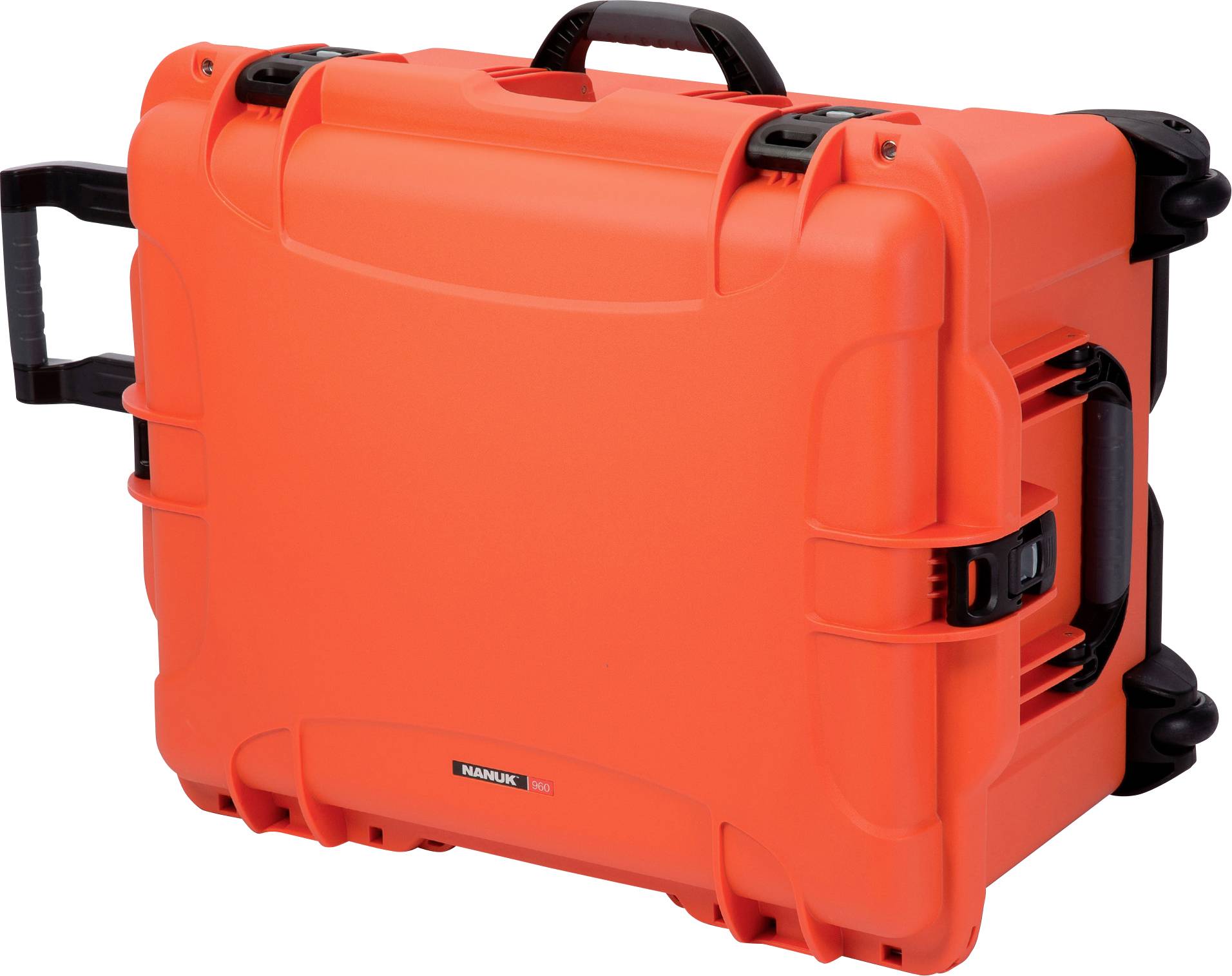 A bright orange, robust hard-shell suitcase with handles on the top and side, designed for secure transportation.