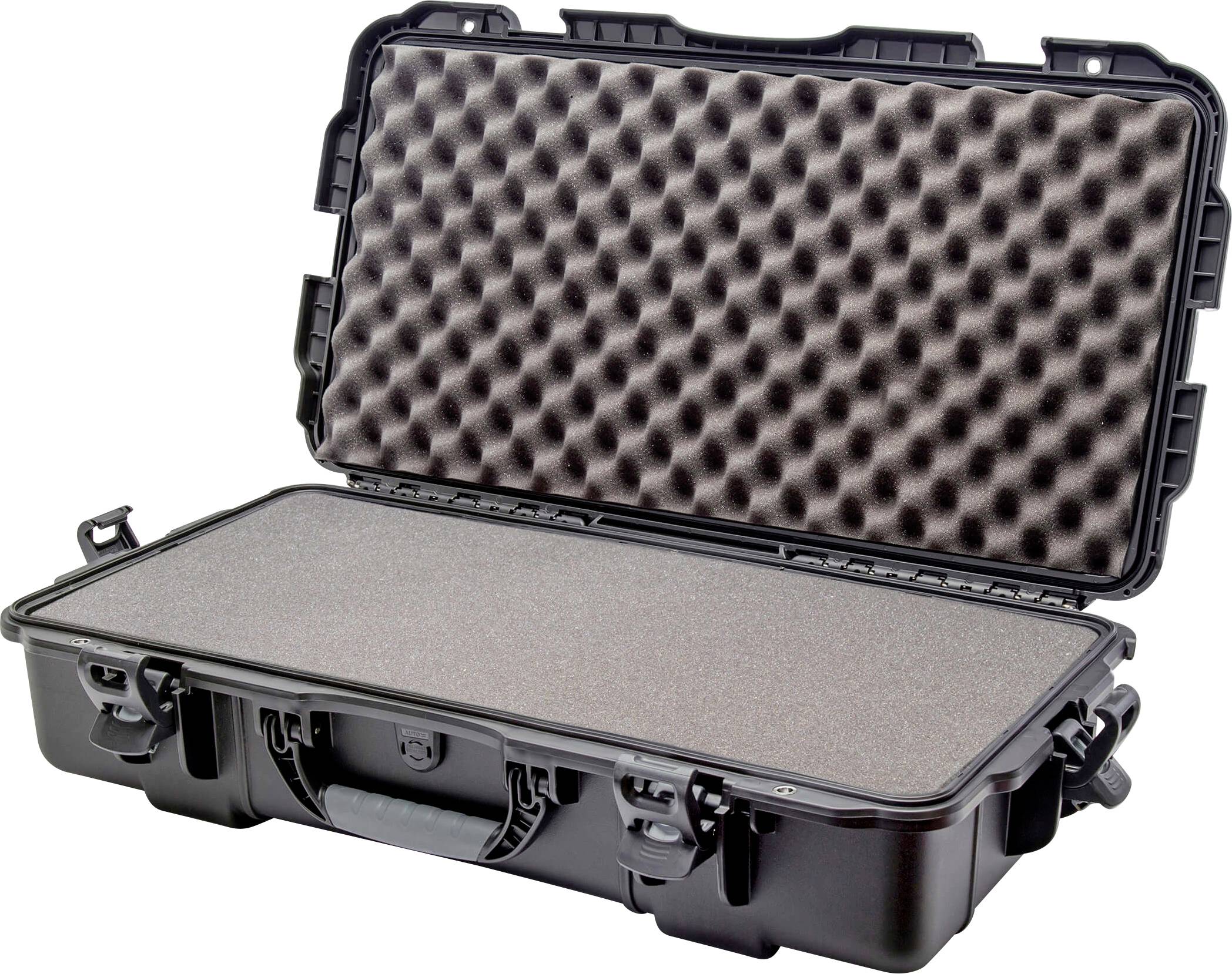 A black protective case with an open lid, lined with foam padding, suitable for the safe transportation of delicate equipment.
