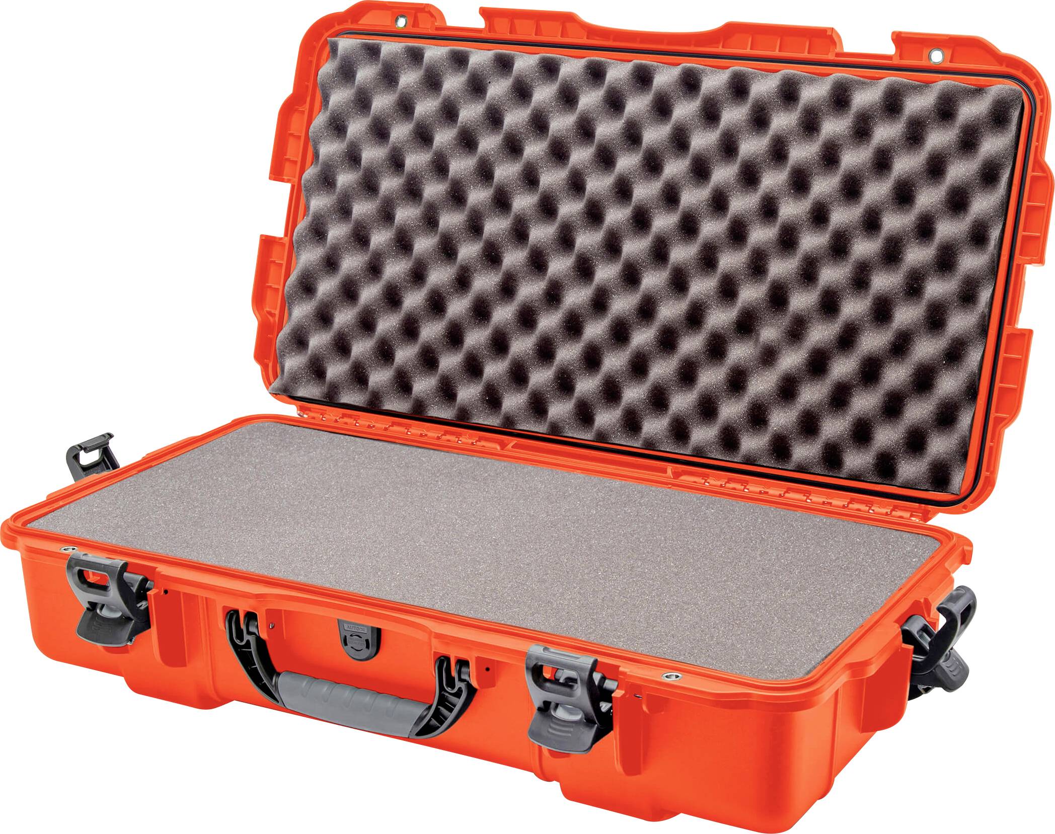 An open, orange hard-shell suitcase with black wave-patterned foam interior, suitable for protecting delicate items.