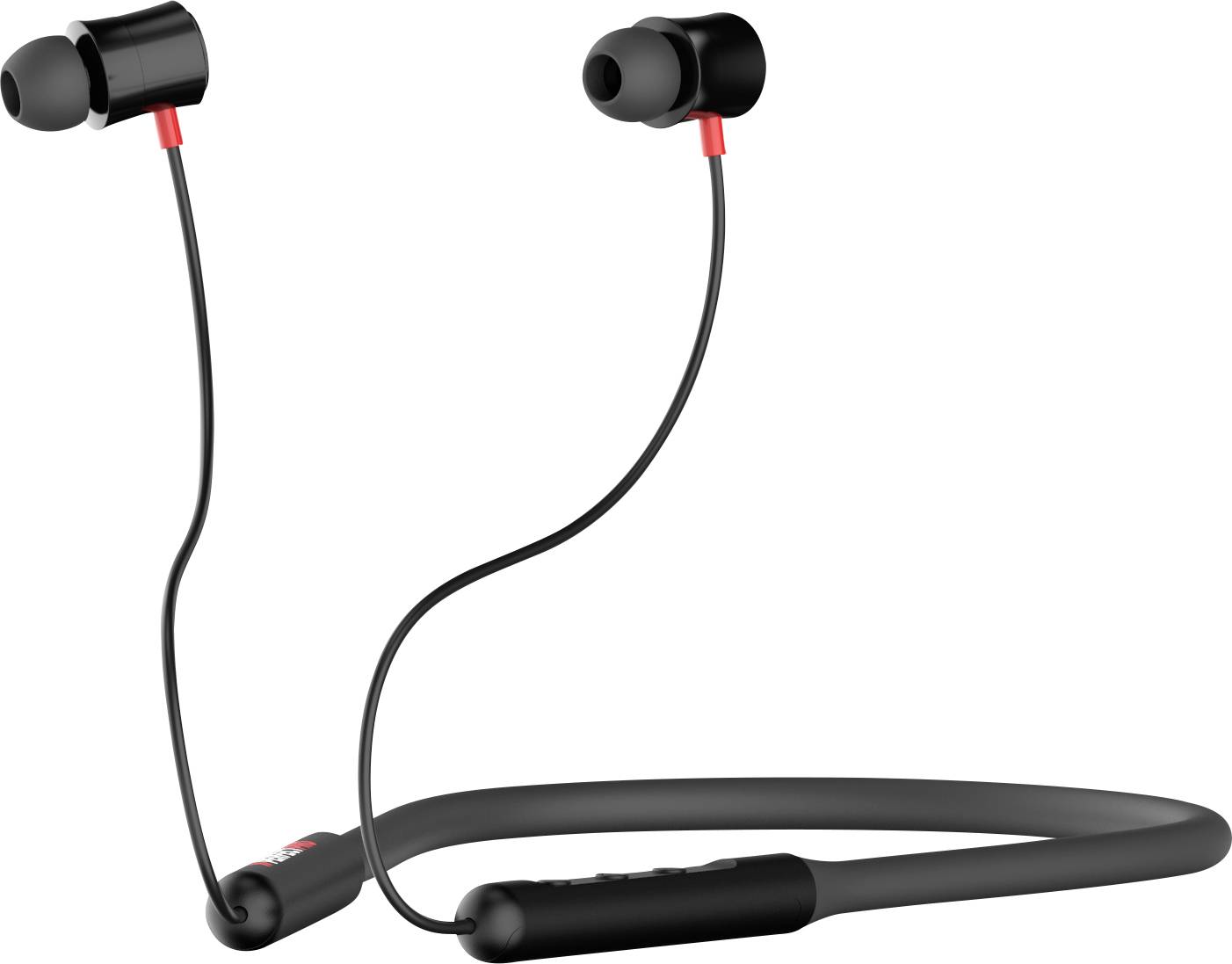 Black wired in-ear headphones with a neckband and integrated controls. Suitable for enjoying music on the go.
