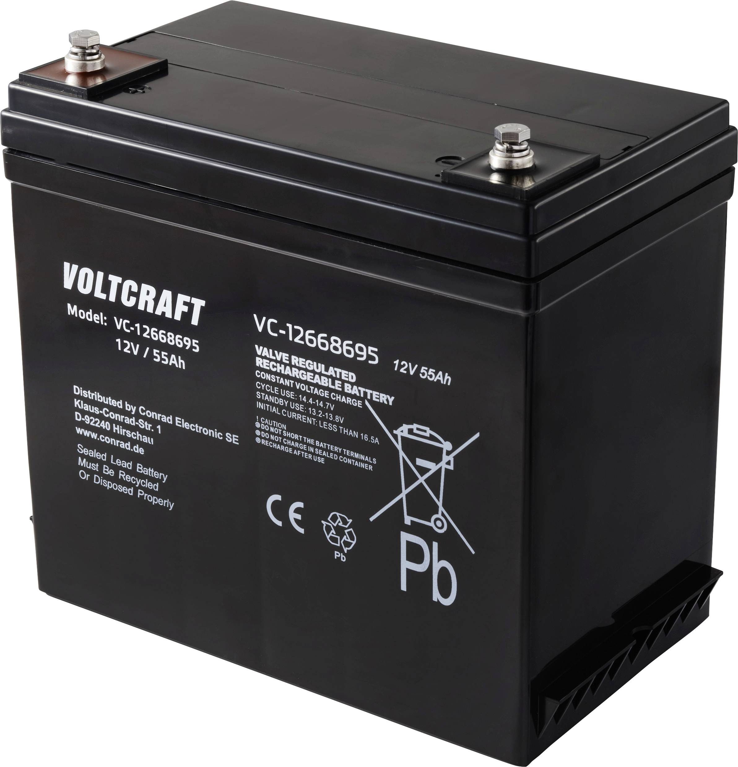 Black Voltcraft 12V 55Ah rechargeable battery with model number VC-12656895. Contains warning notices and CE marking.