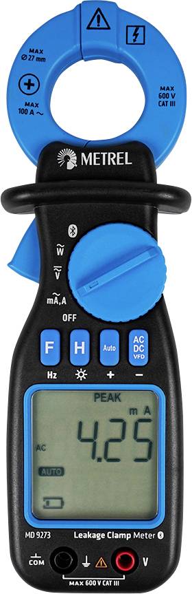 Digital measuring device by Metrel with a blue-black design. Displays 
