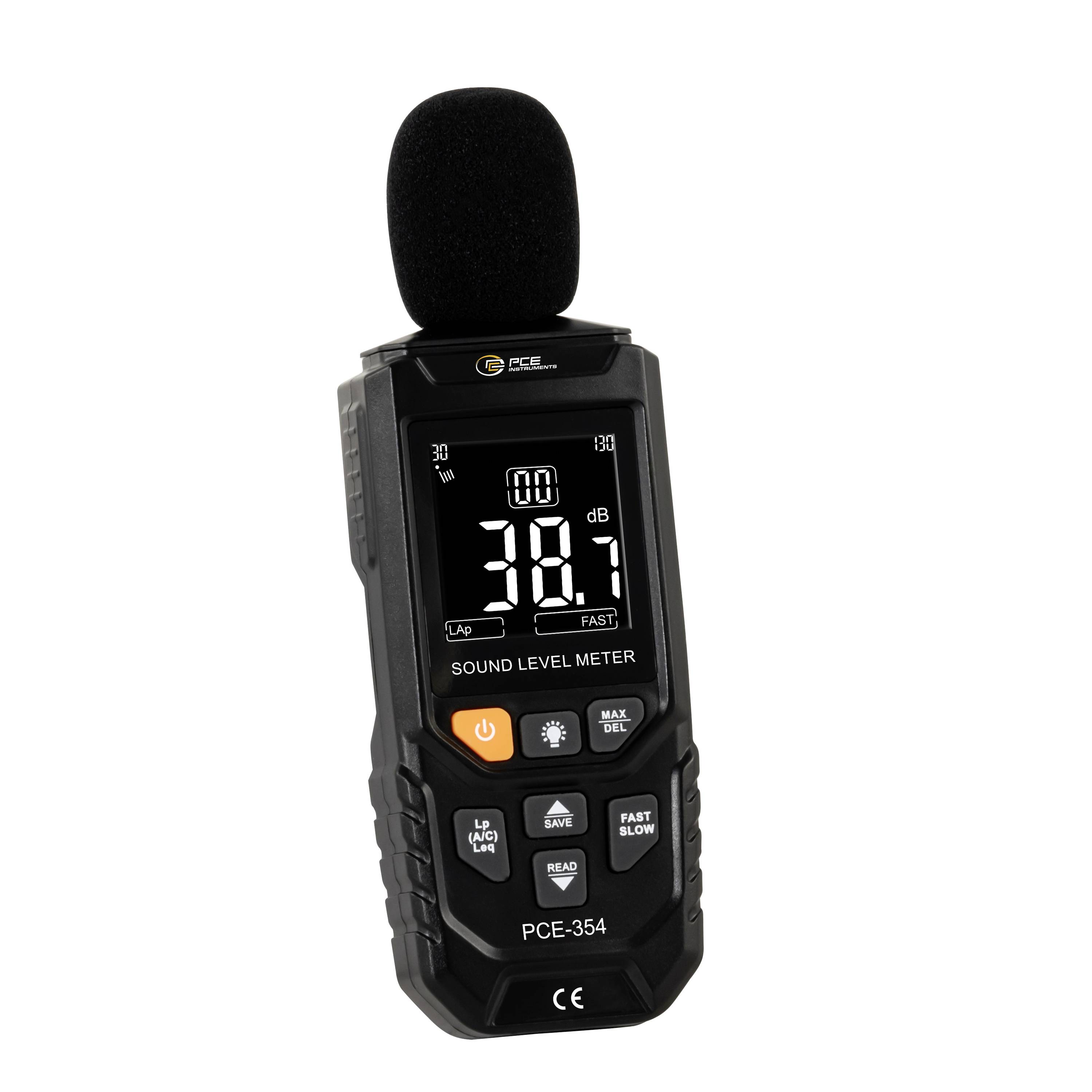 Handheld sound level meter with foam microphone, showing a 38.7 dB reading on its display.