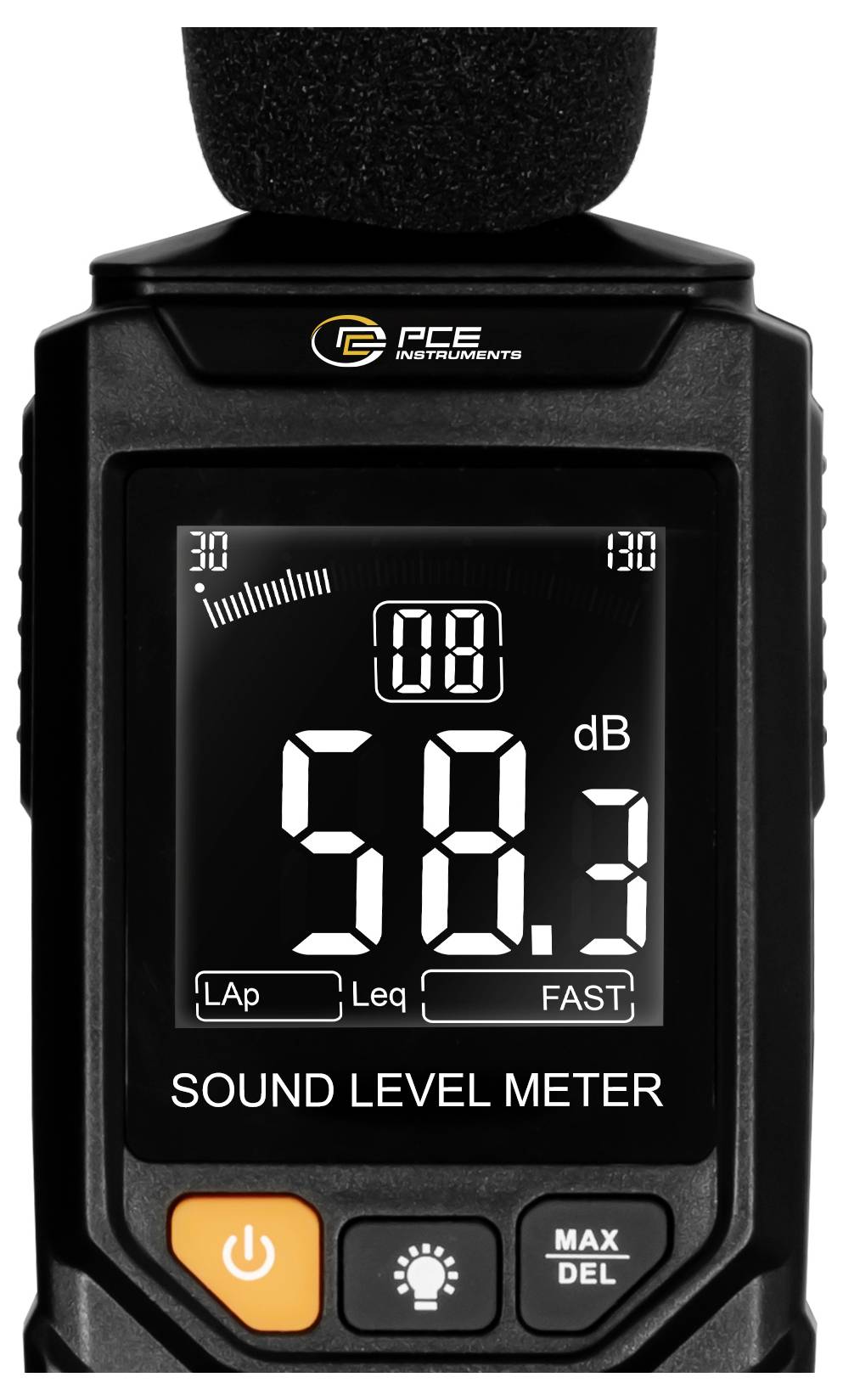 Sound level meter displaying 58.3 dB, with 'FAST' mode, 'Leq', and 'MAX DEL' buttons visible.