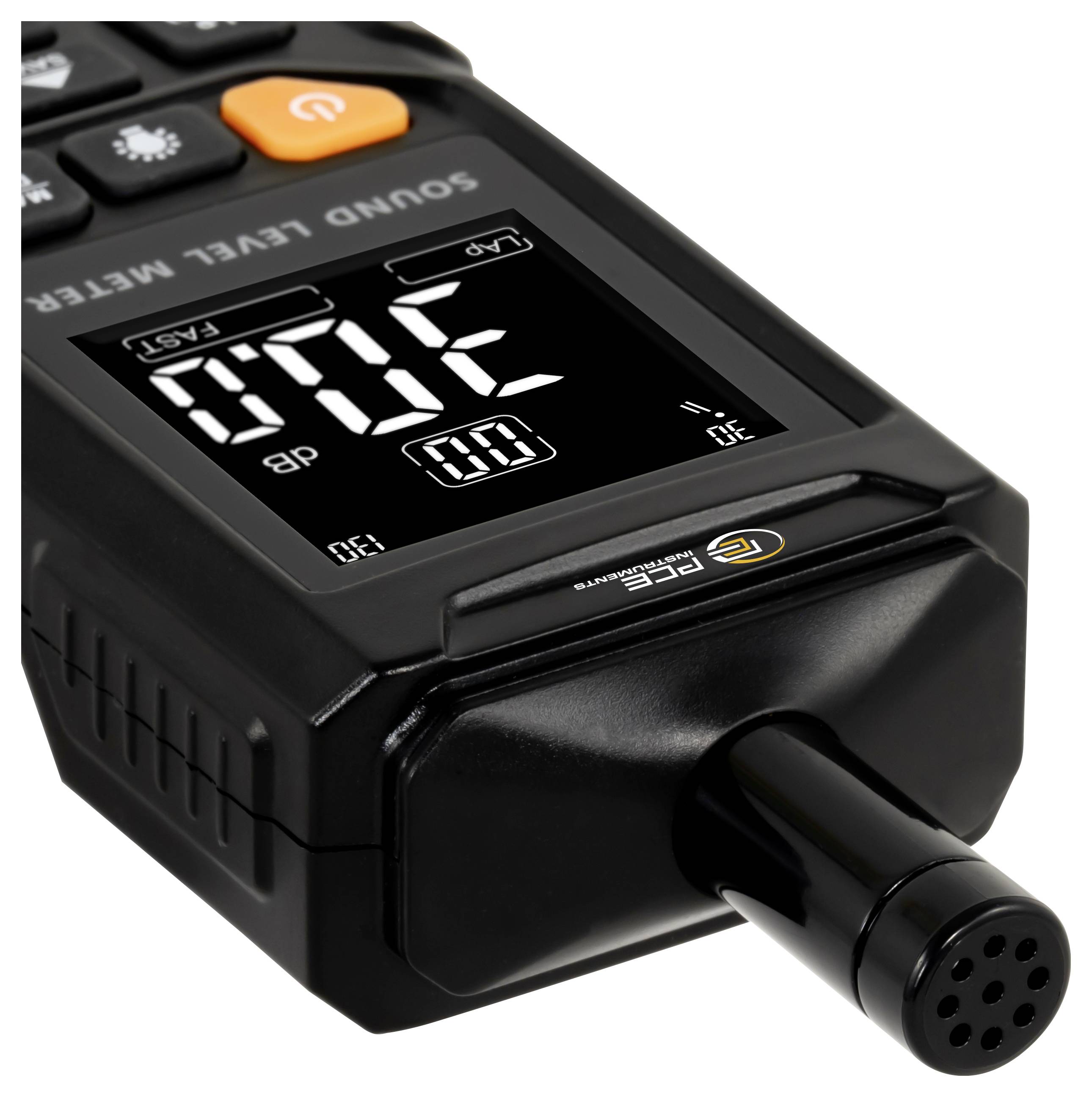 Close-up of a digital sound level meter with LCD reading 0.0 dB and a microphone sensor on the front.
