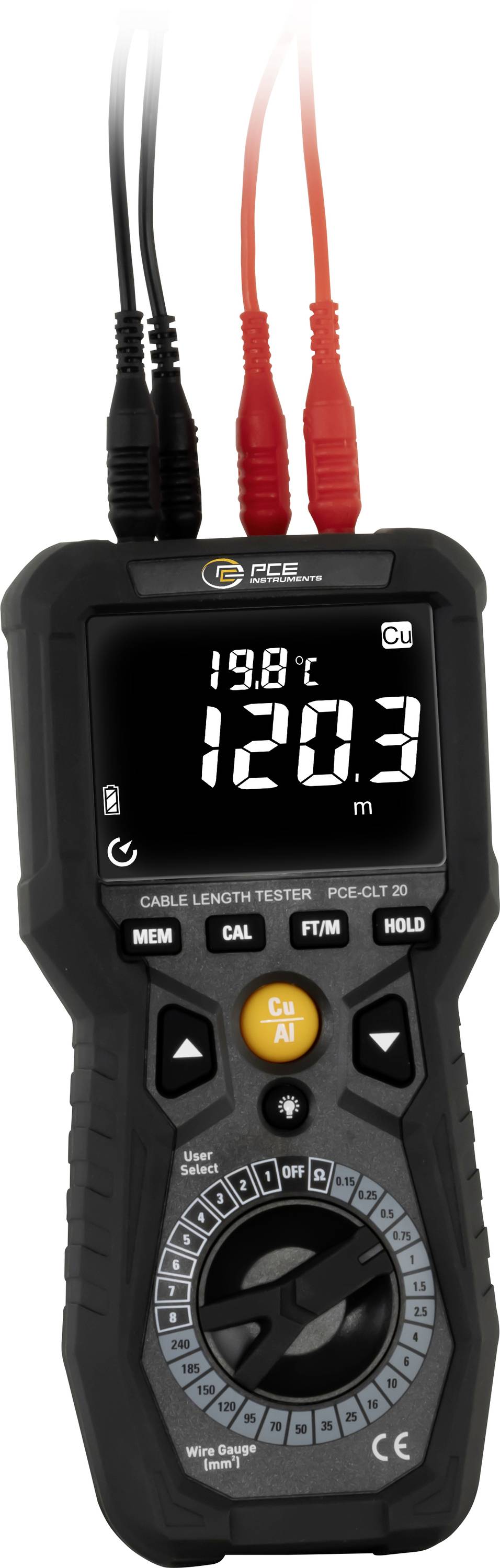 Digital multimeter with display showing 19.8 degrees Celsius and 120.3. Two measurement leads are connected, one red and one black.