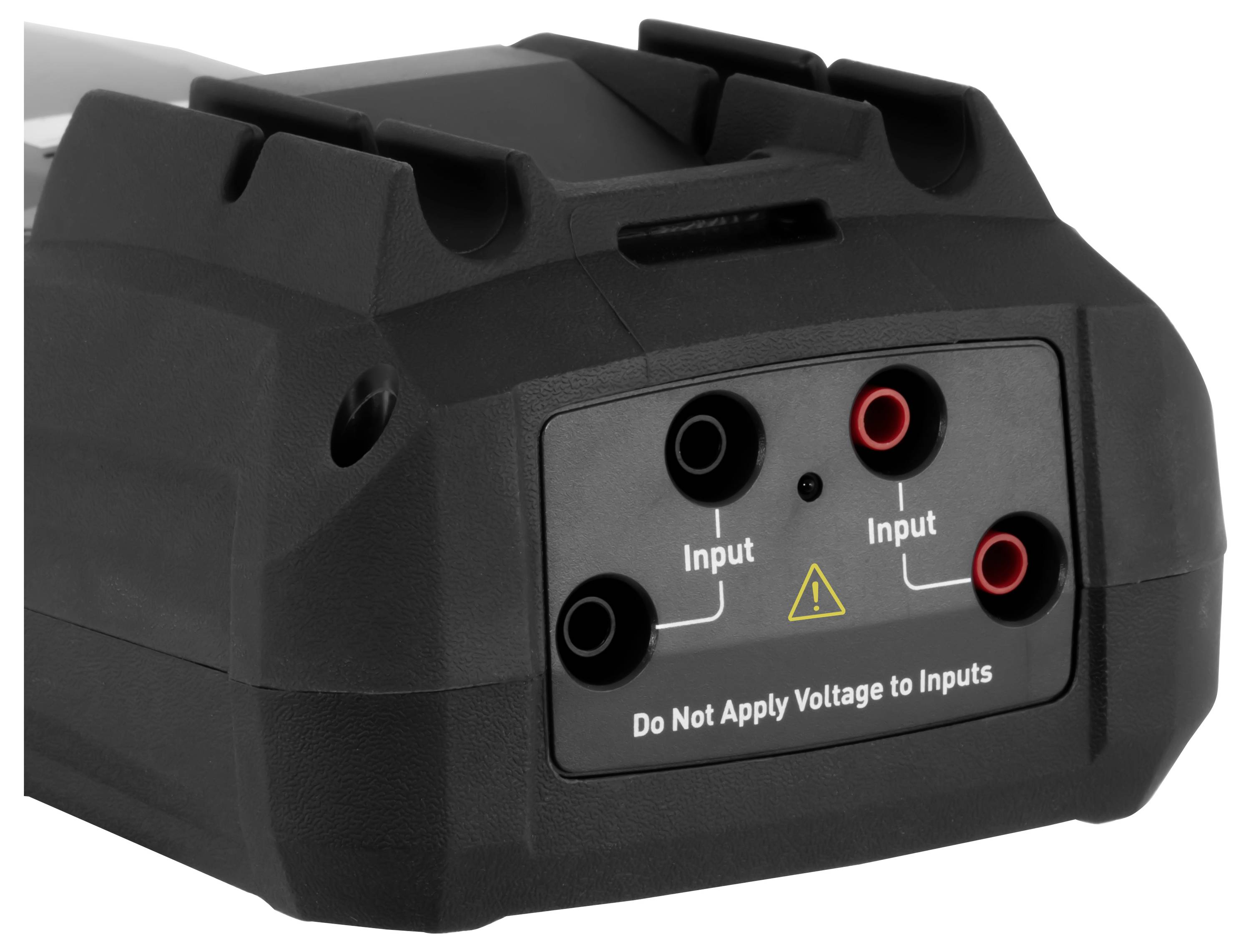 Black electrical device or battery unit with four input terminals, labeled 'Input' and 'Do Not Apply Voltage to Inputs'.