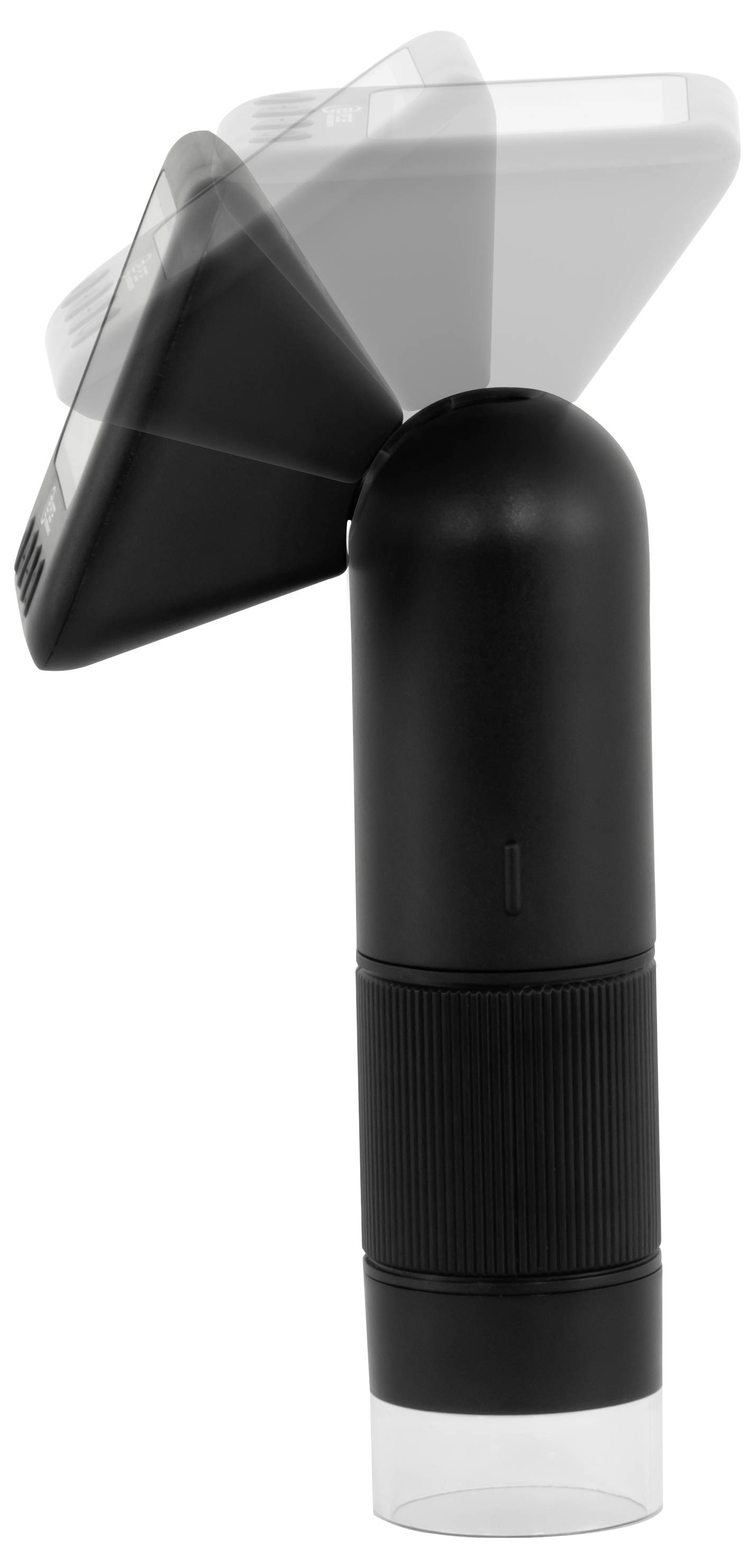 Black handheld device with a clear cap and two translucent angled attachments on top, shown against a white background.