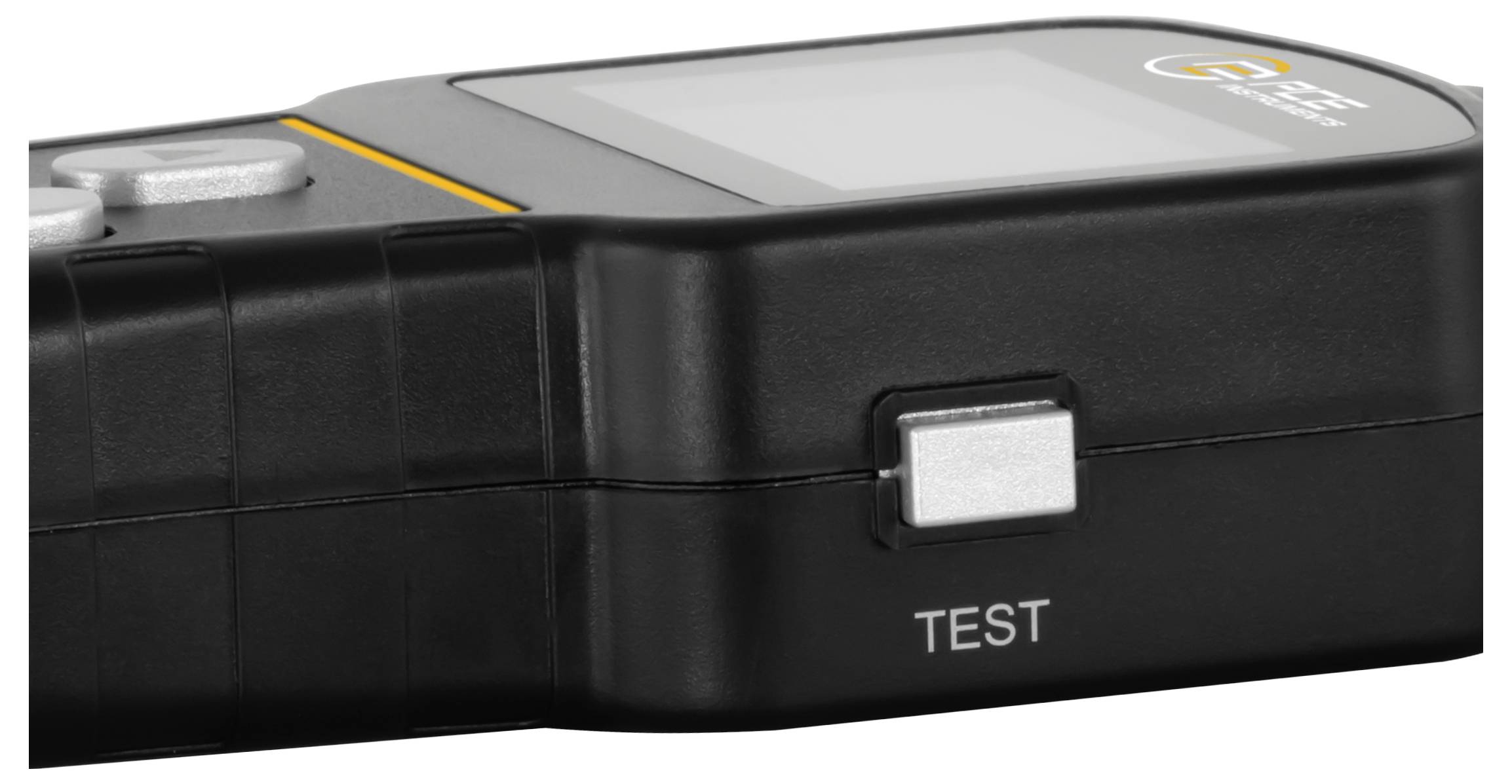 Schwarzes tragbares Testgerät mit einem silbernen Knopf mit der Bezeichnung „TEST