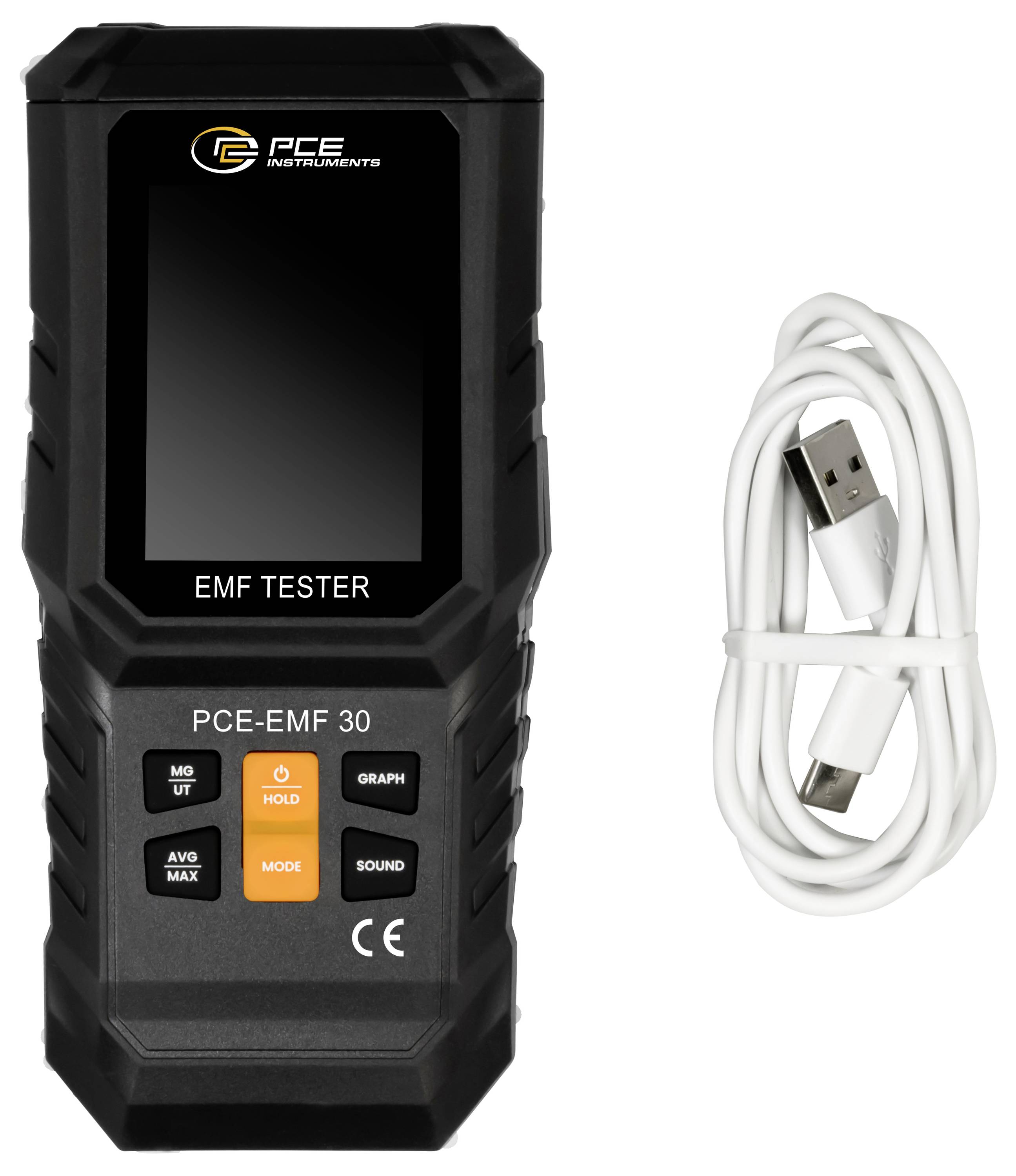 PCE Instruments EMF tester device with USB charging cable, shown front view on white background.