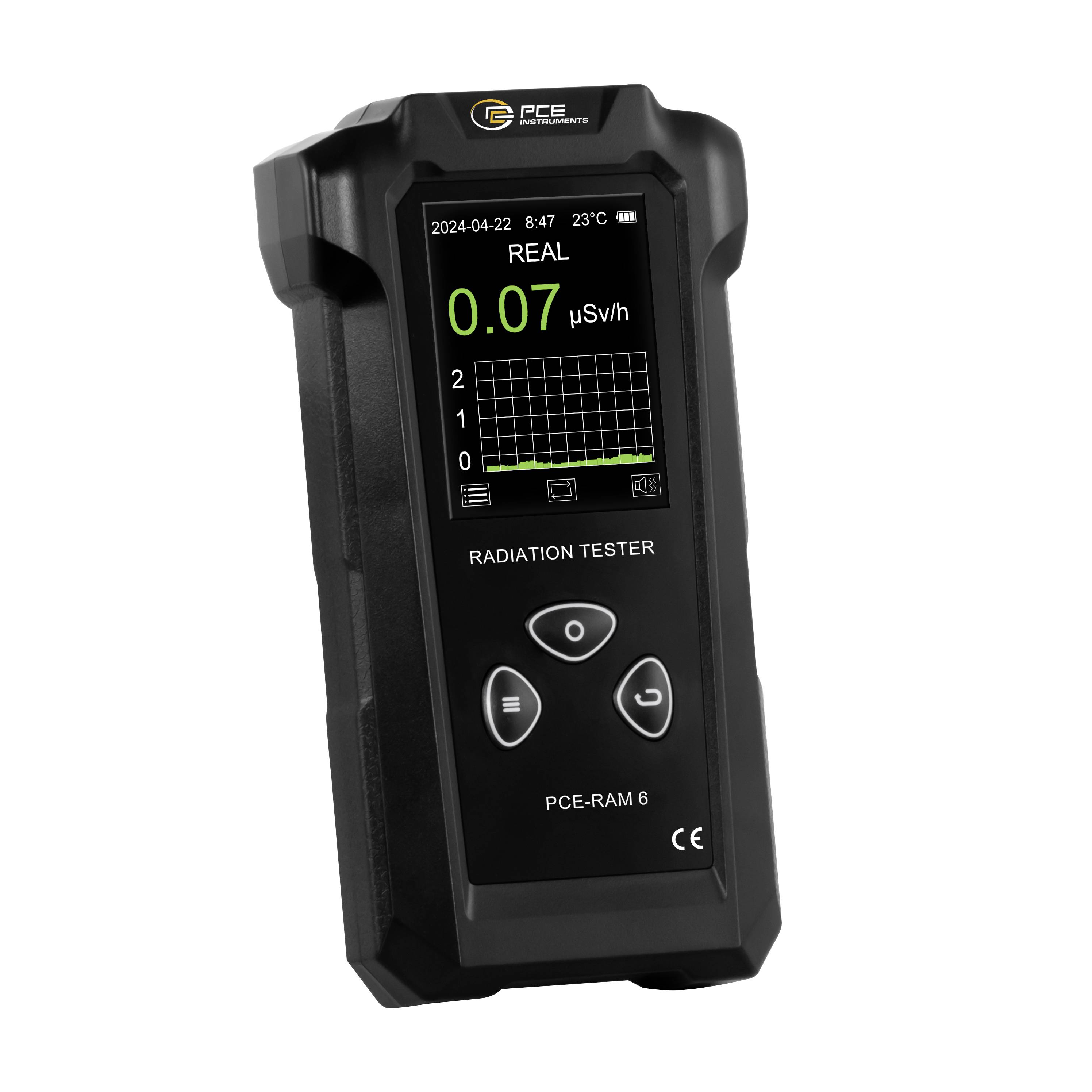 Handheld PCE radiation tester displaying a real-time reading of 0.07 µSv/h on its screen.