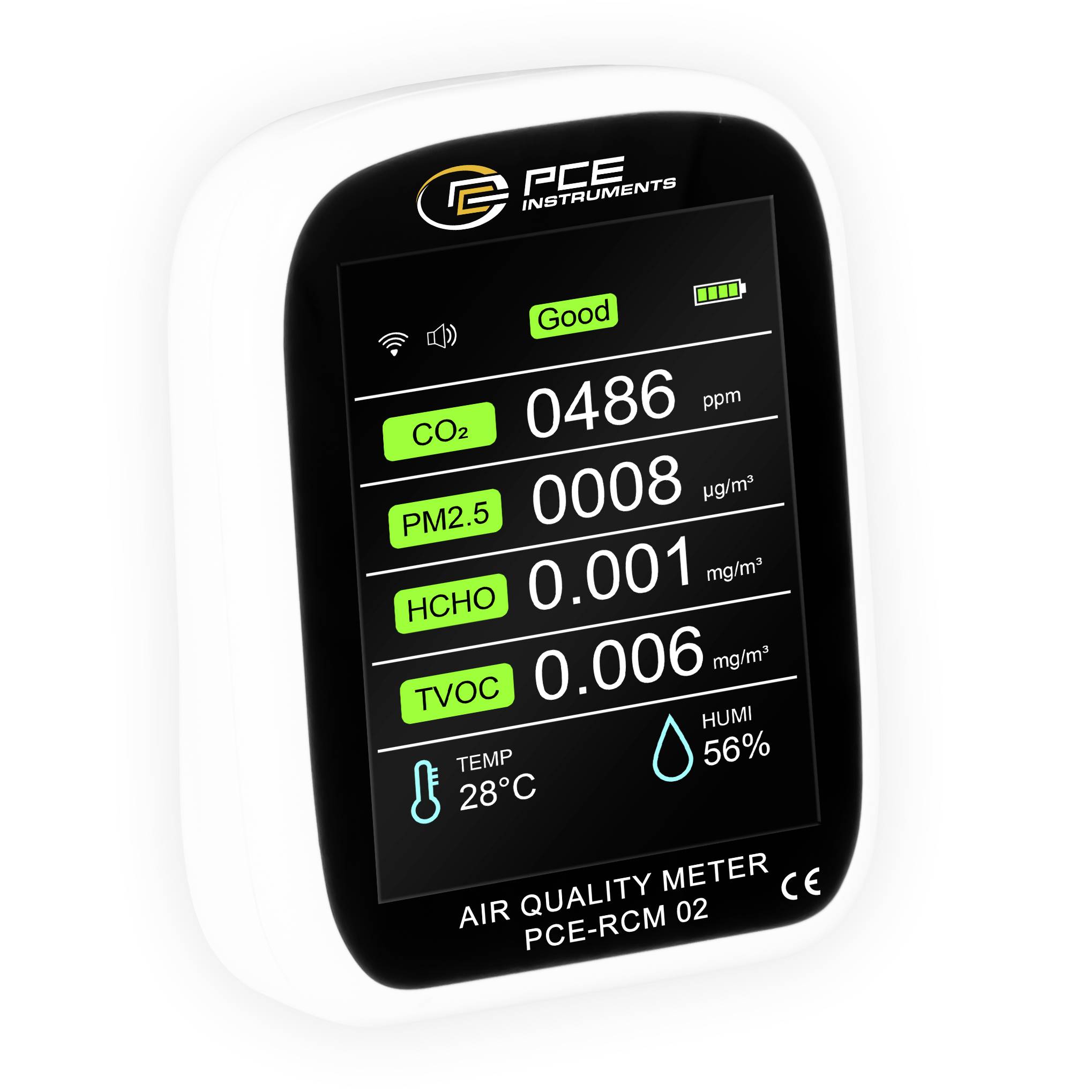 Handheld PCE air quality meter display showing 'Good' status, CO2 486 ppm, PM2.5 0008 µg/m³, HCHO 0.001 mg/m³, TVOC 0.006 mg/m³, 28°C and 56% humidity.
