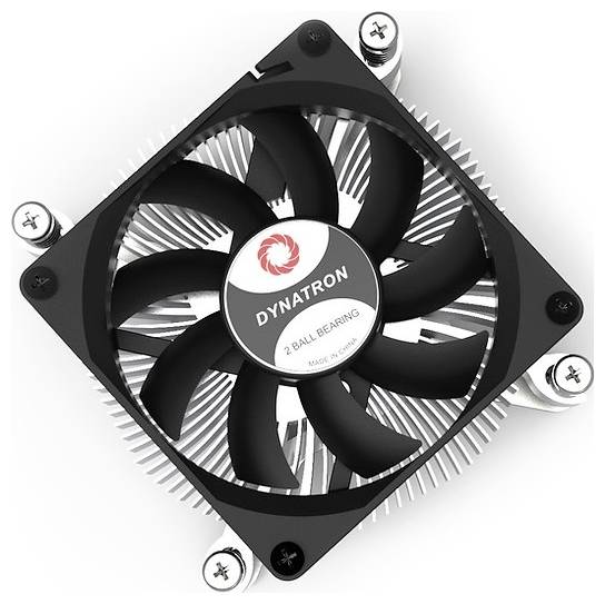 A black computer fan with five blades, mounted on a heatsink with silver fins, marked with 'Dynatron'.