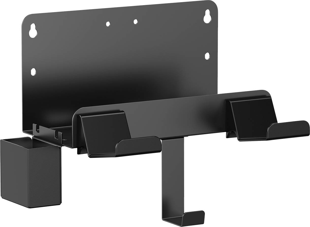 Black metal tool holder mounted on a wall plate with multiple hooks, suitable for storing tools and accessories.