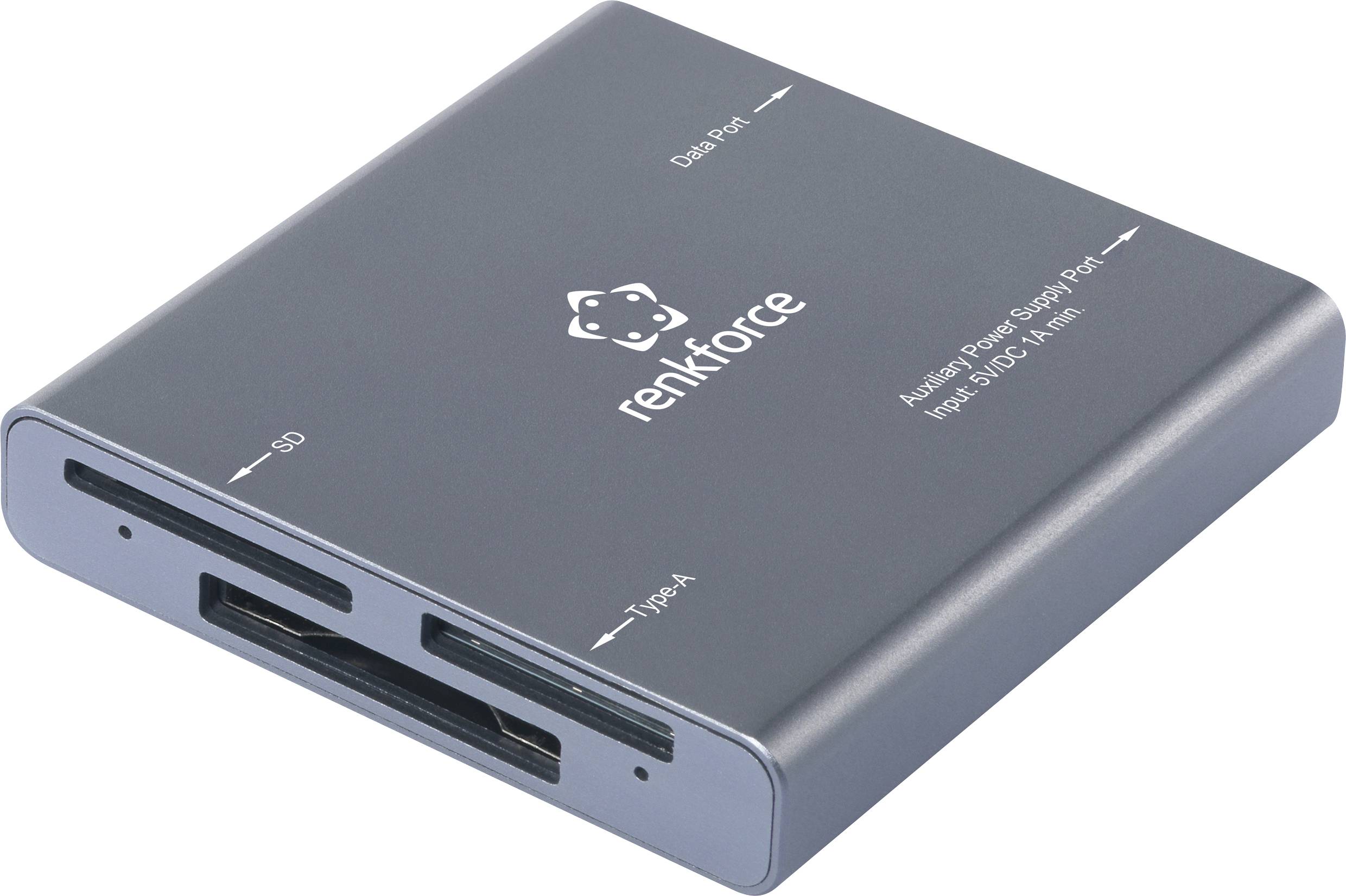 External card reader in grey colour with multiple slots for SD and other card formats; brand name 'renkforce' printed on it.