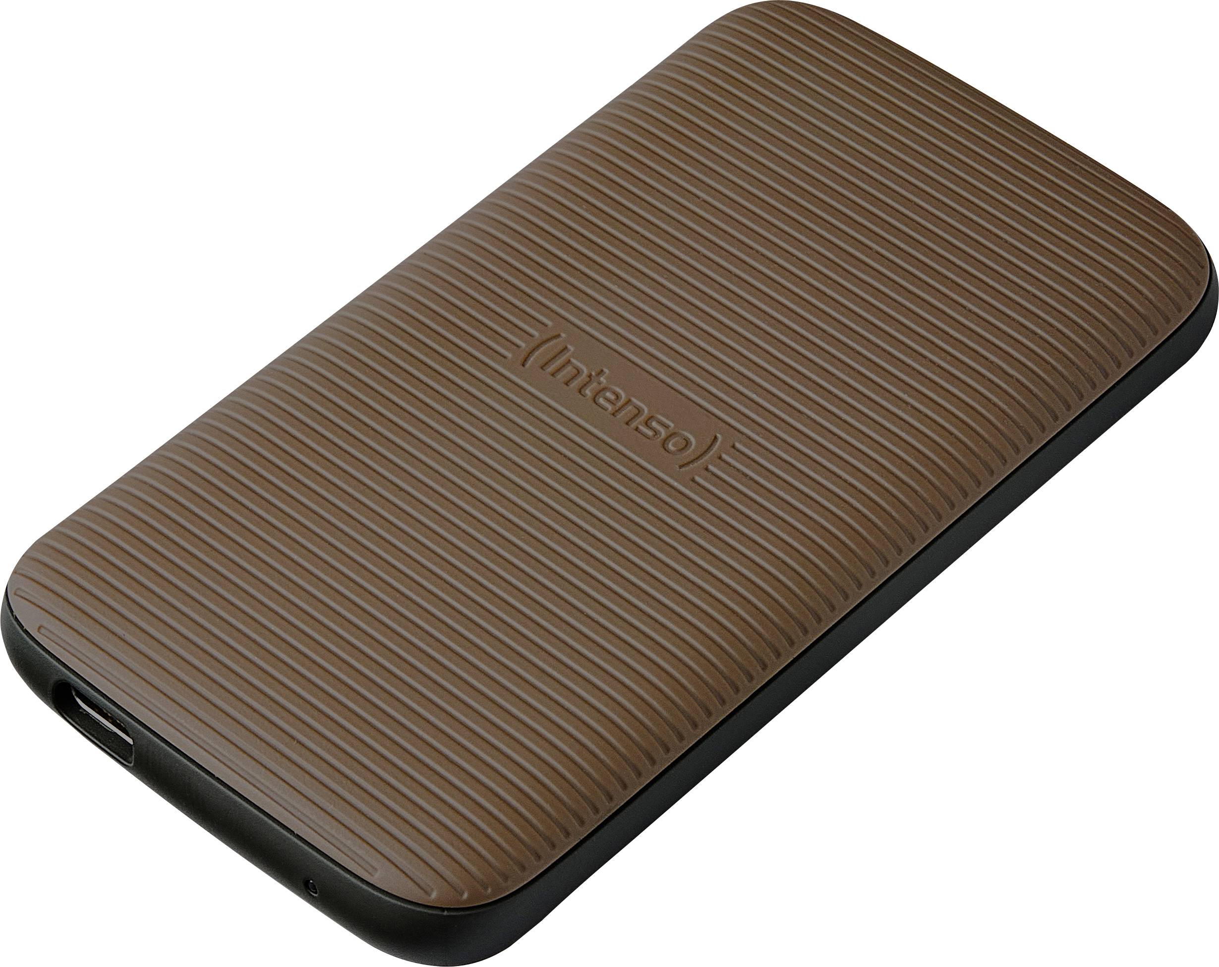 External hard drive with a brown, ribbed surface, brand name 'Intenso'.