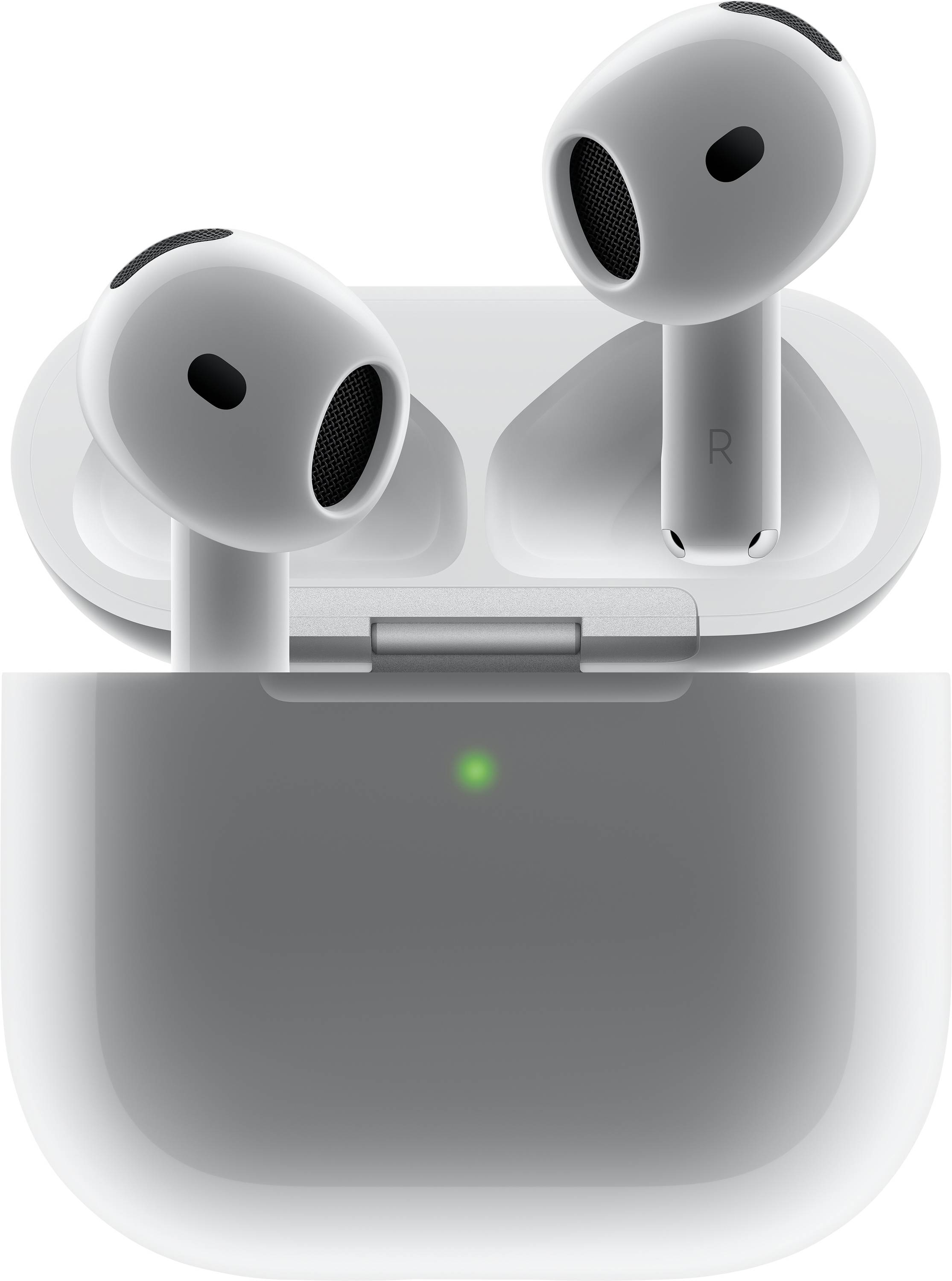 Wireless white earbuds in an open charging case with a green indicator.