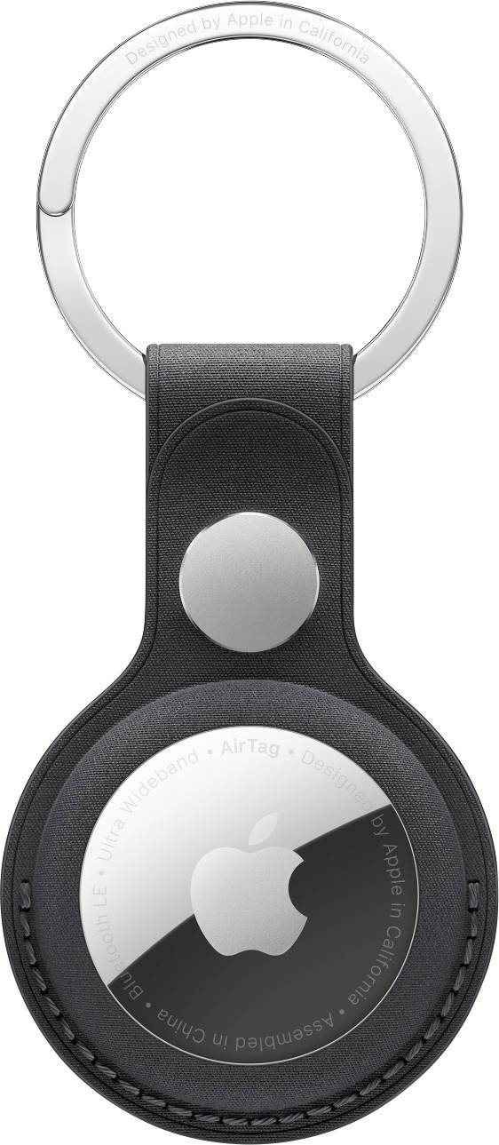 Black leather key fob holding a round tracker with a silver ring at the top. Back shows Apple logo and engraving.